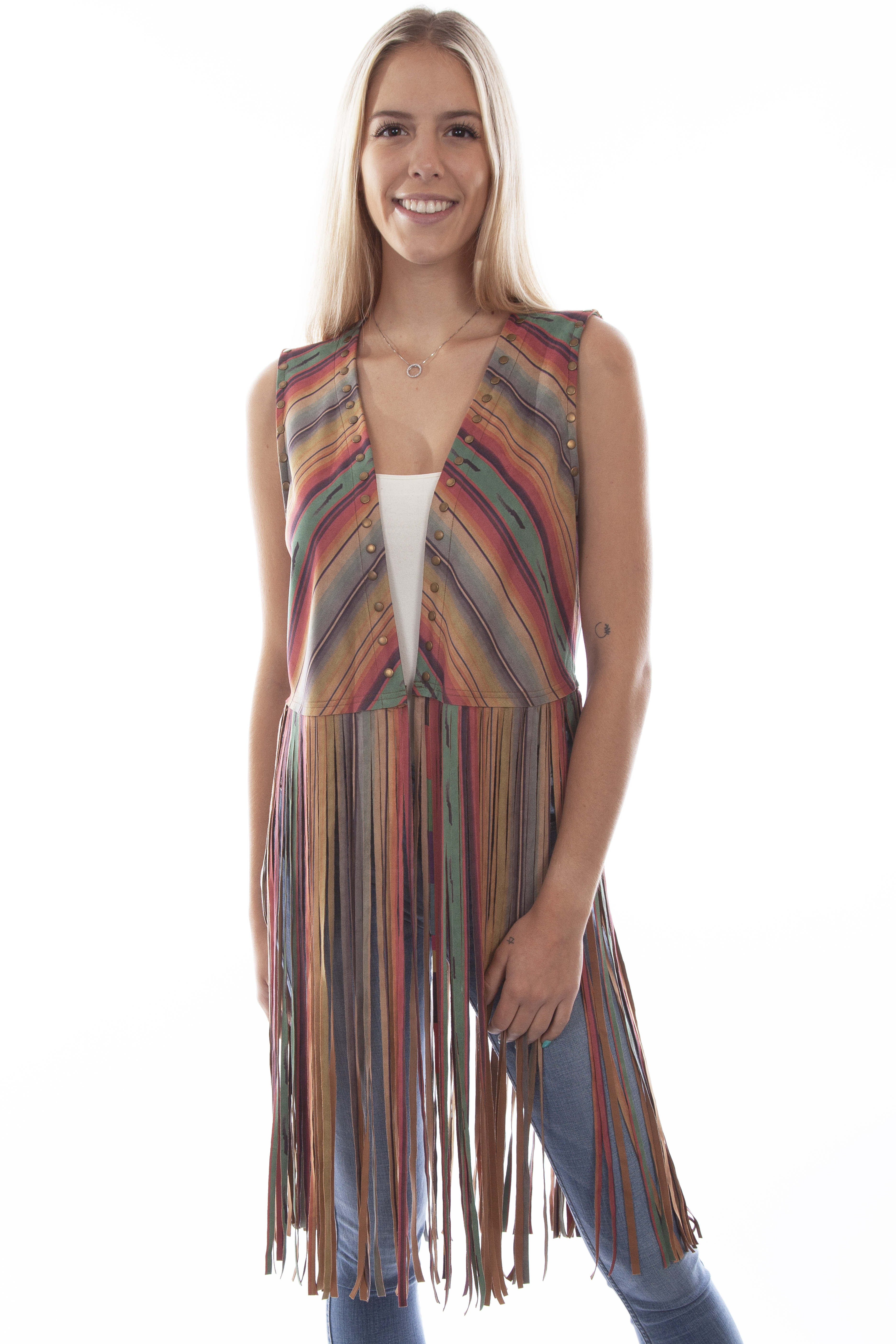 MICROFIBER SERAPE PRINT FRINGE VEST M