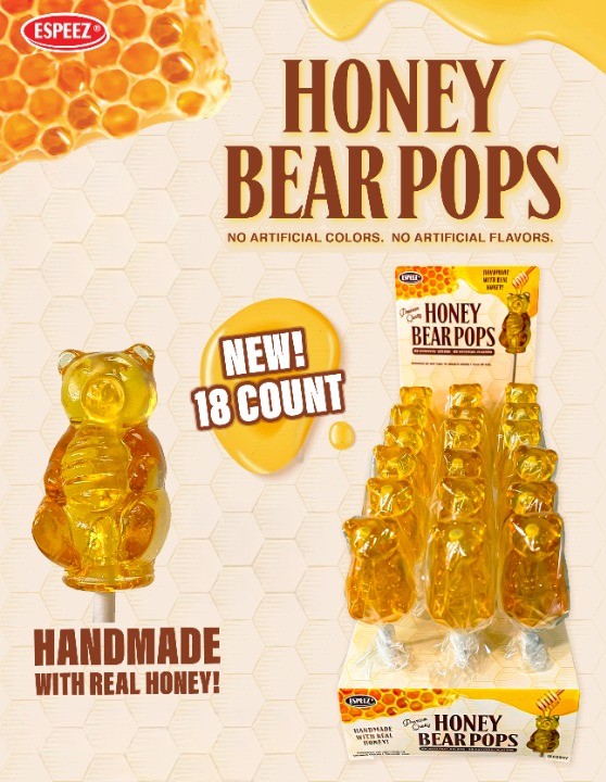 Espeez Real Honey Bear Pops Lollipops 18ct Tray