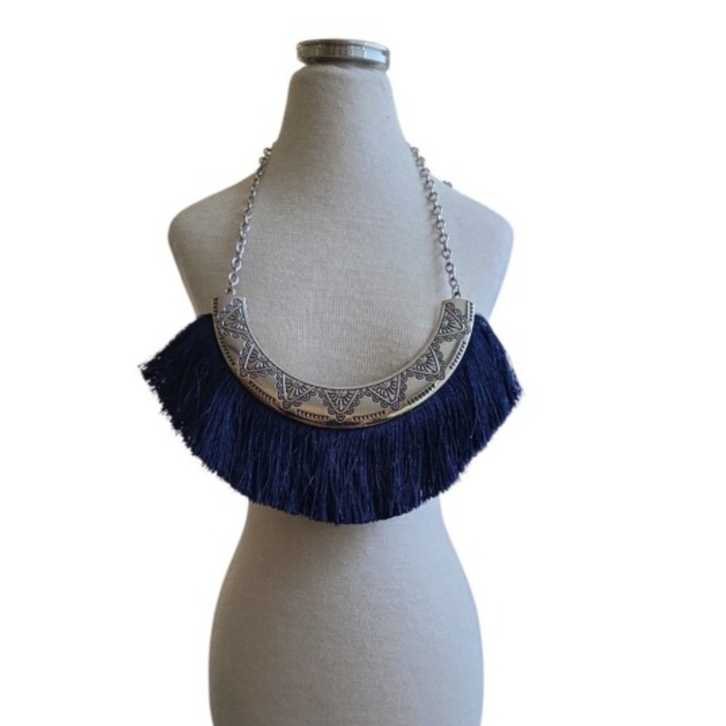 Silver Toned Boho Navy Fringe Statement Necklace