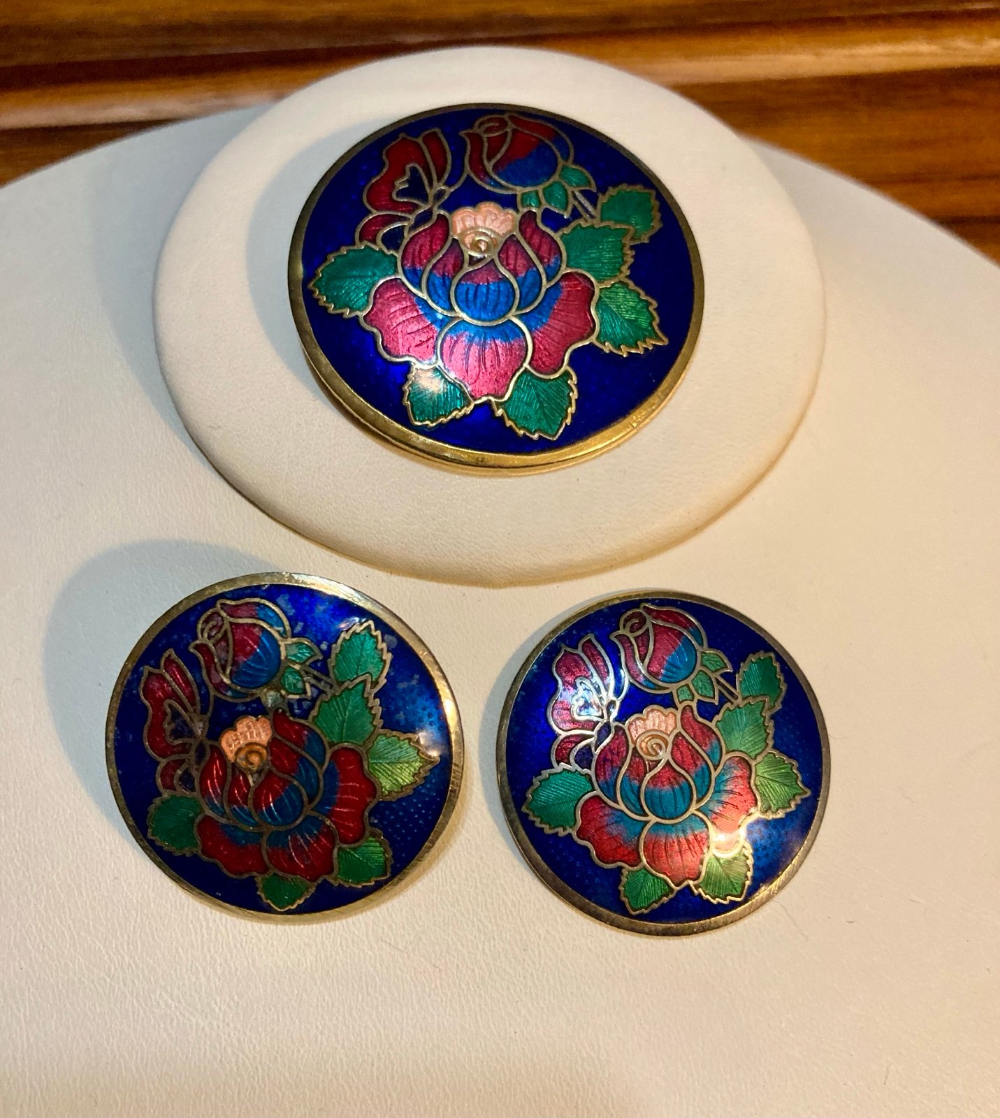 VINTAGE ENAMEL CLOISONNΓ FLOWERS BROOCH AND EARRINGS READ
