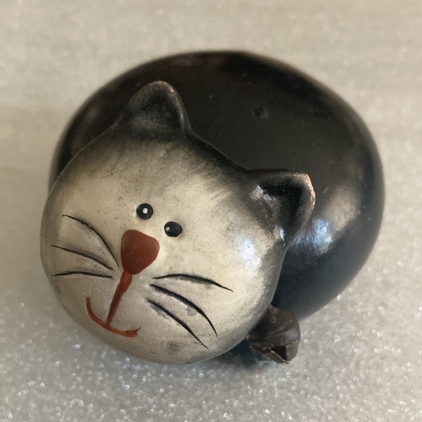 Vintage Black & White Tabby Ceramic Cat with Bell Collar