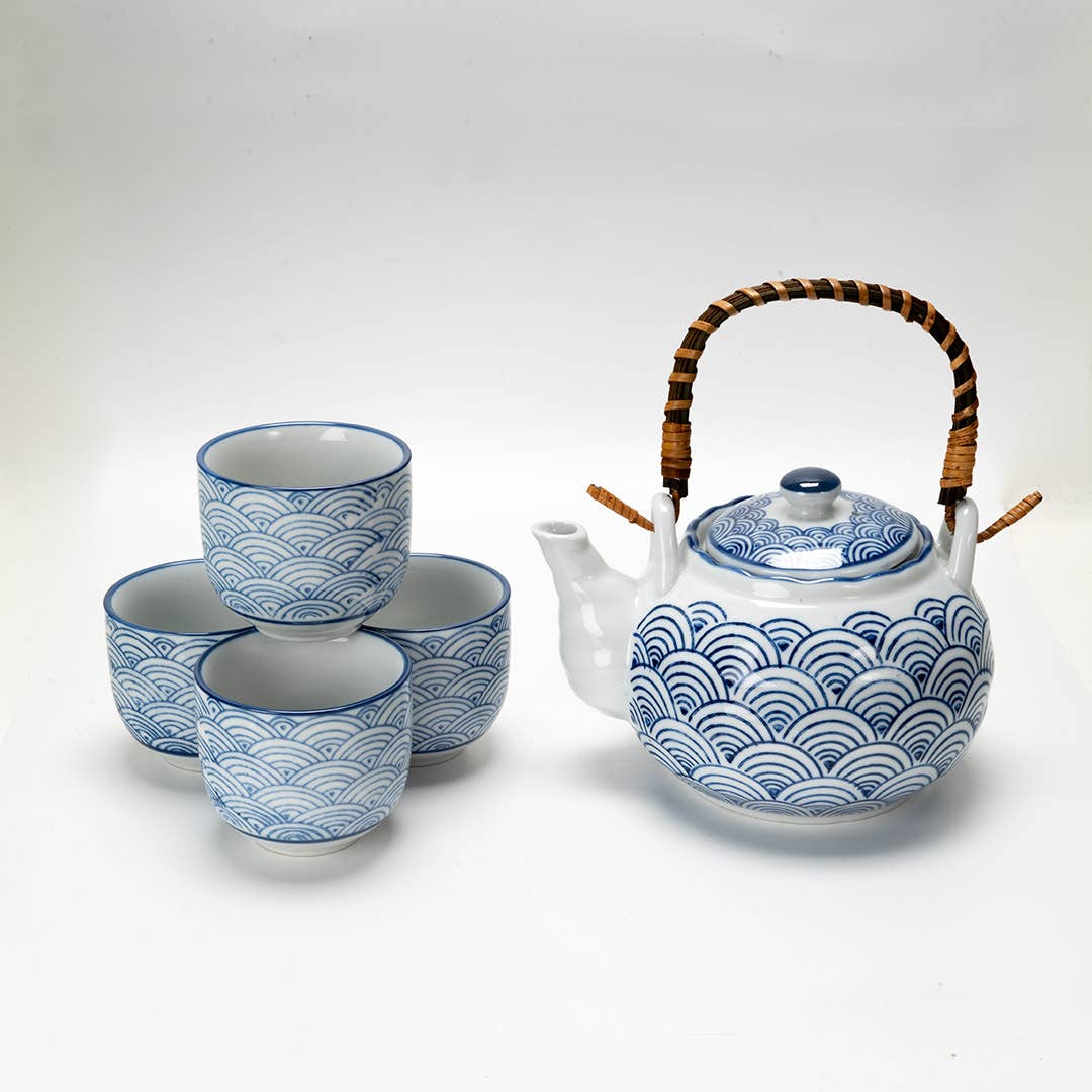 Japanese Seikaiha Waves Tea Set 22oz Tea Pot with 4 Cups (1/12)