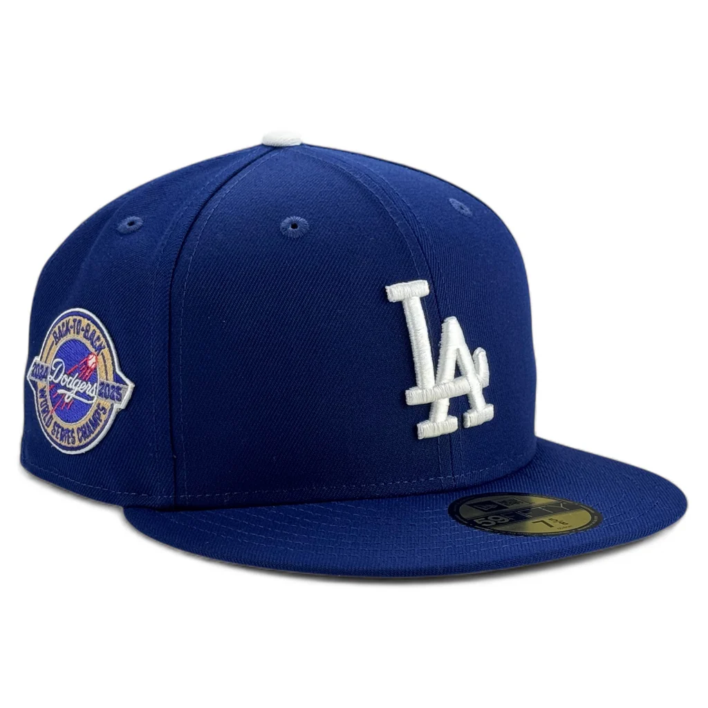 Los Angeles Dodgers 2024-25 Back to Back Circle Logo World Series Champions Blue New Era 59FIFTY Fitted Hat
