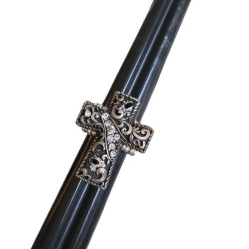 Size 8 Silver Toned Gold Black Ornate Crystal Embellished Cross Stretch Ring