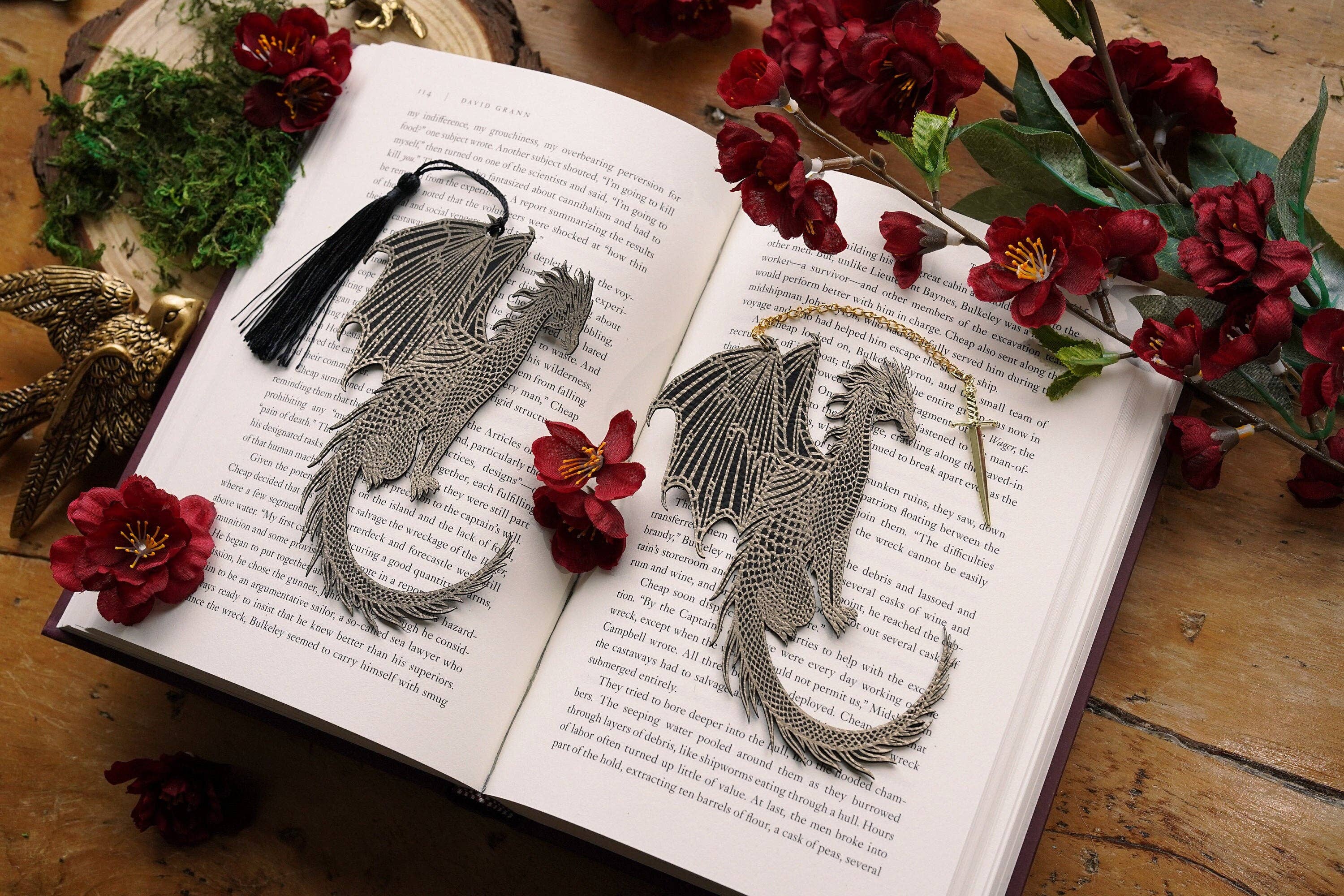 Gold and Black Dragon Faux Leather Bookmark: Black String Tassel
