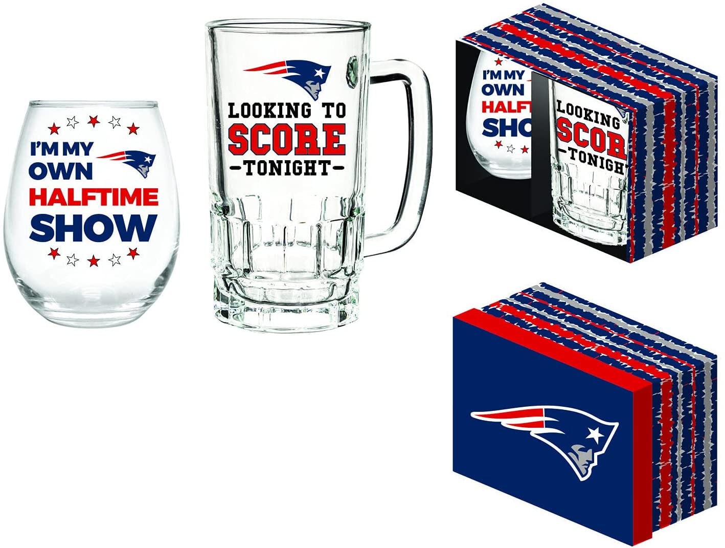 New England Patriots 17oz Wine Glass and 16oz Glass Beer Mug Gift Set w/Team Gift Box