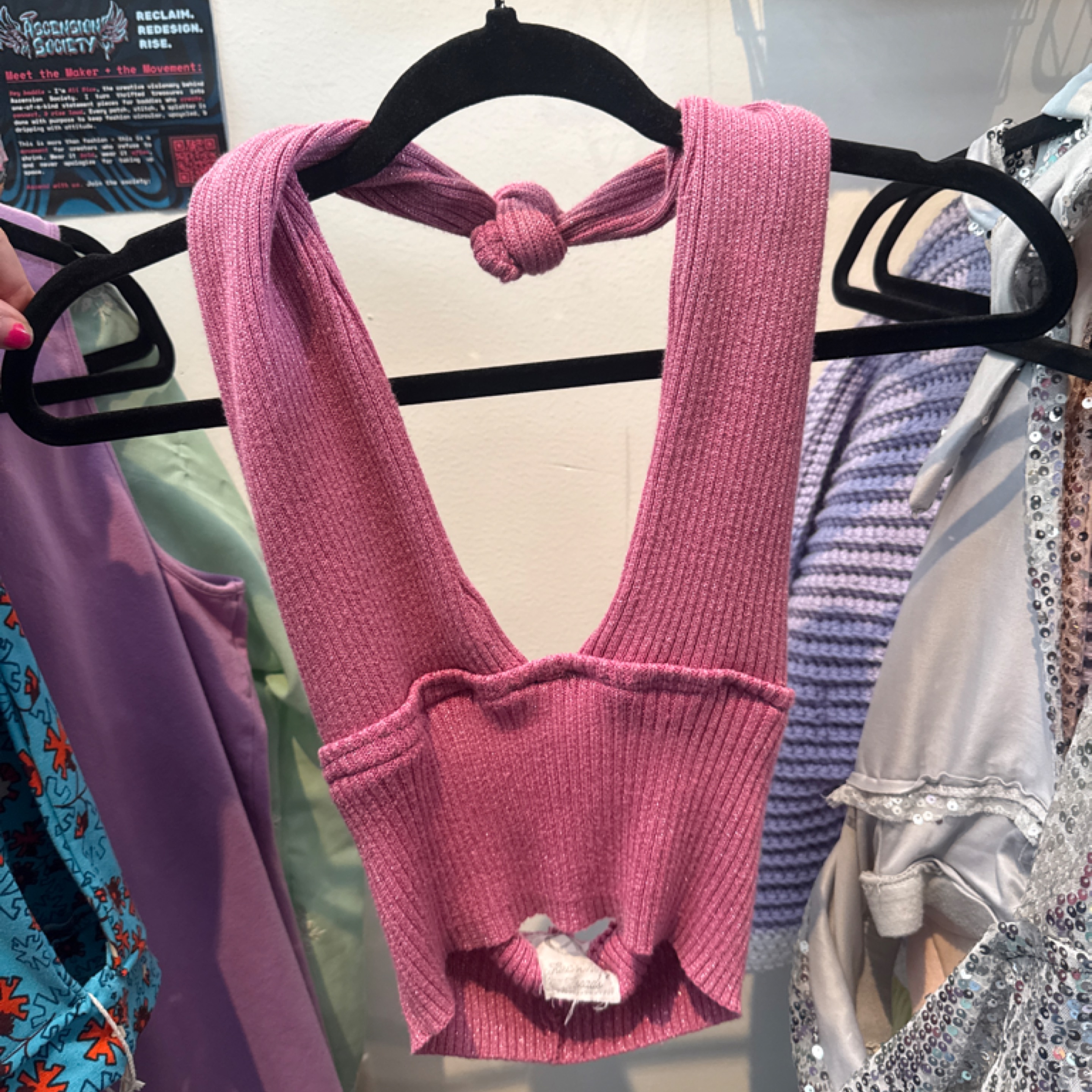 Tara's Thrifty Threads Artist 100% Upcycled Hippy Halter Pink Knit Top