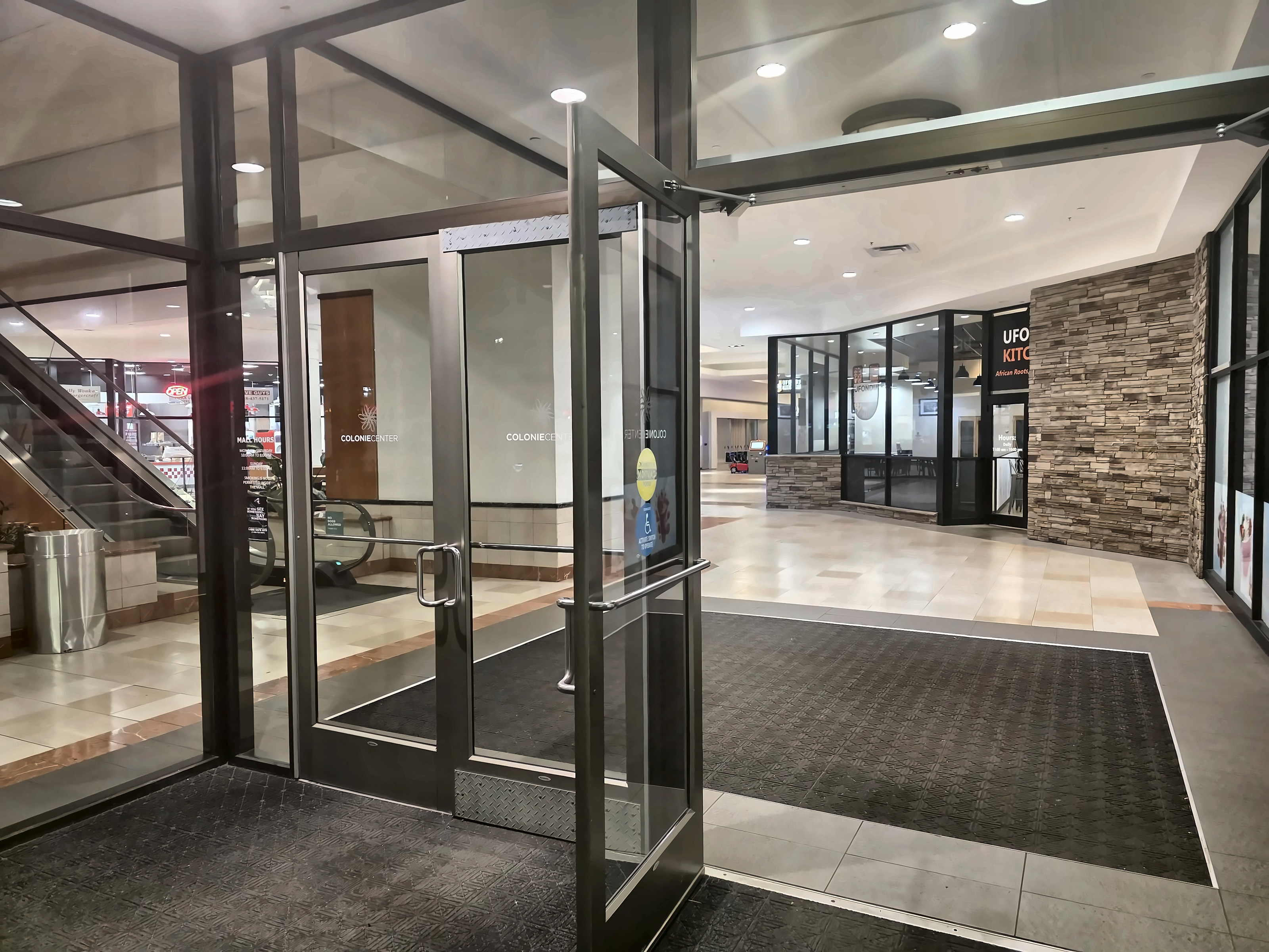 The mall entrance — parking is free on every side, and our doors are just inside.