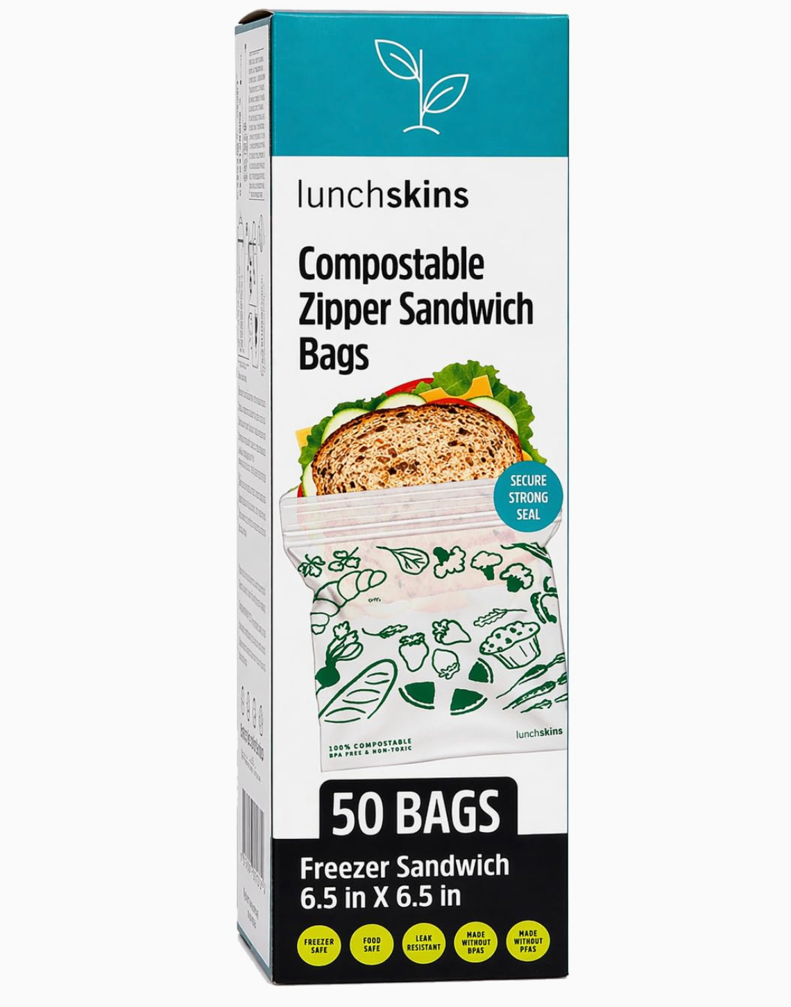 Lunchskins Compostable Freezer-Safe Sandwich Ziptop Bags 50ct