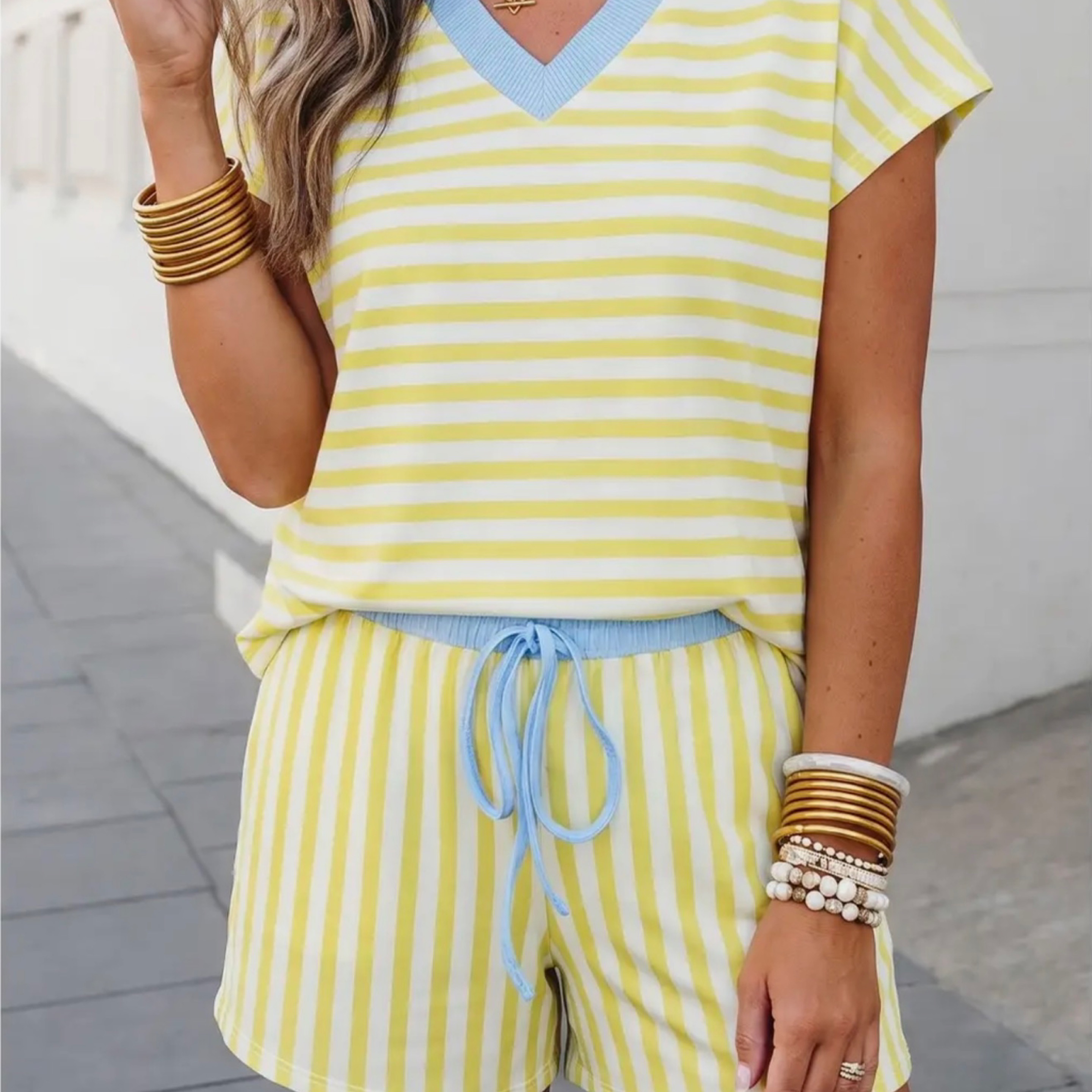 Aapparella stripe short set yellow/blue — Bama Tan boutique, Tuscaloosa AL