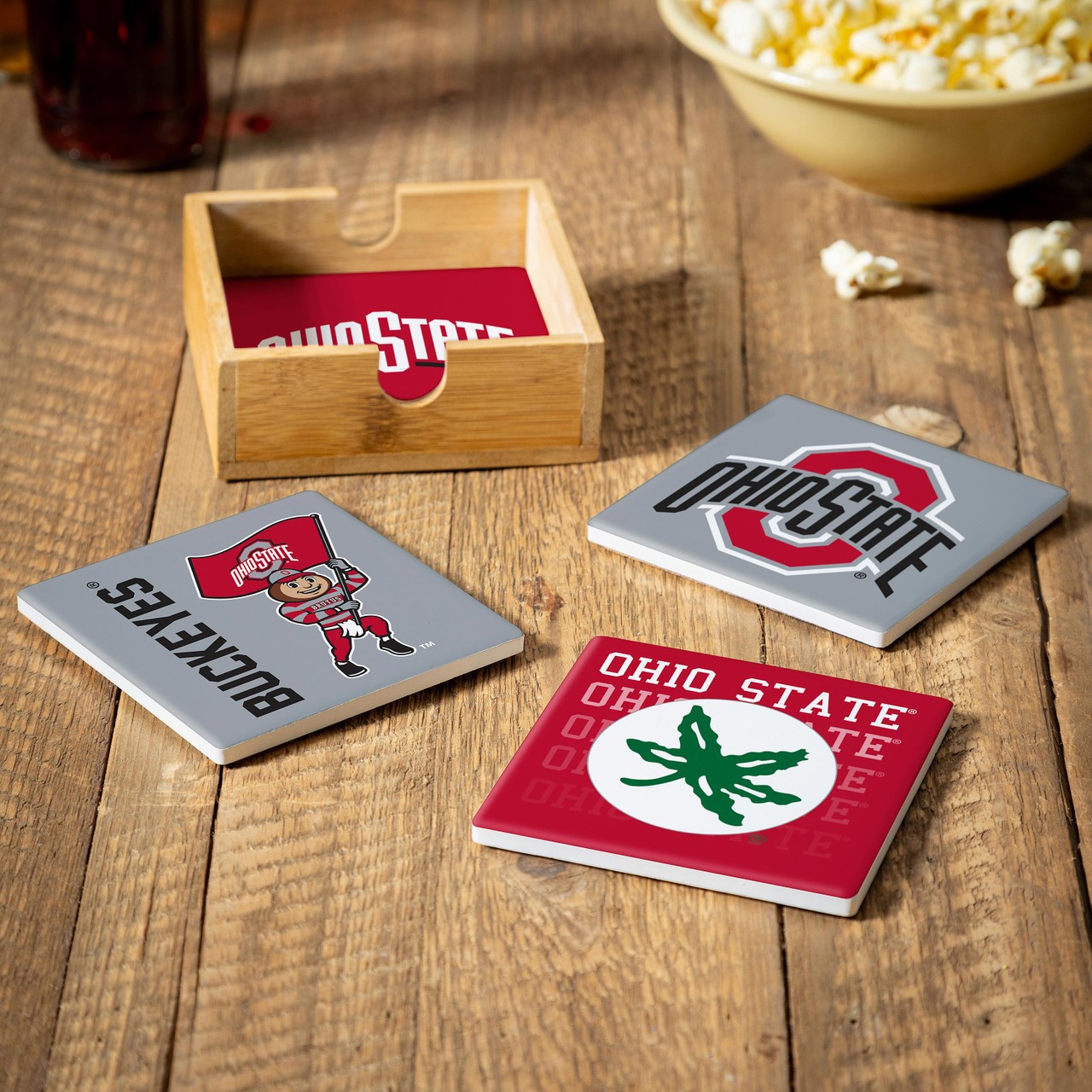 Ohio State Buckeyes 4 Piece Coaster Set with Wood Caddy