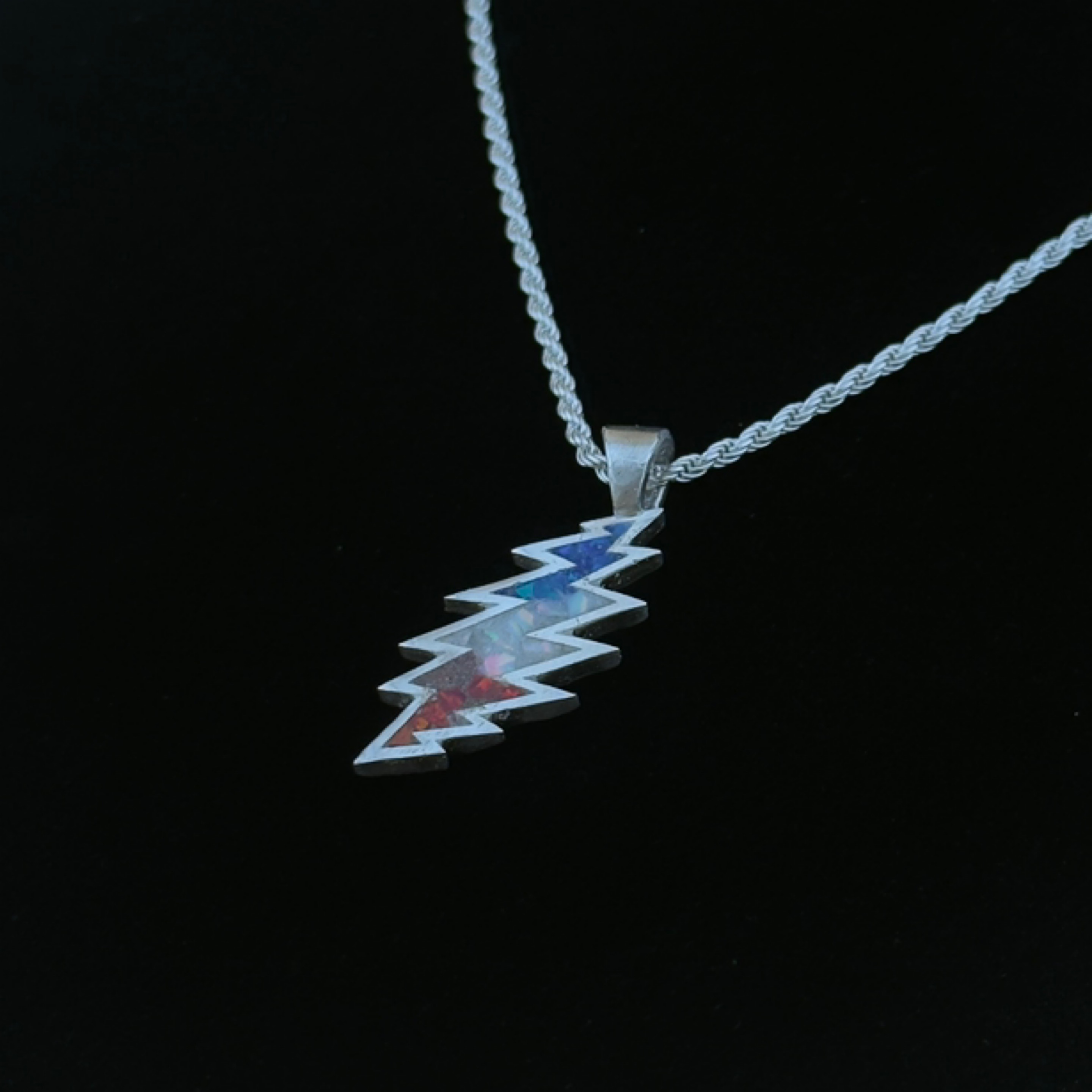 13-Point Lightning Bolt Pendant – Ruby, Lapis Lazuli, Quartz / Opal Inlay, 925 Sterling Silver