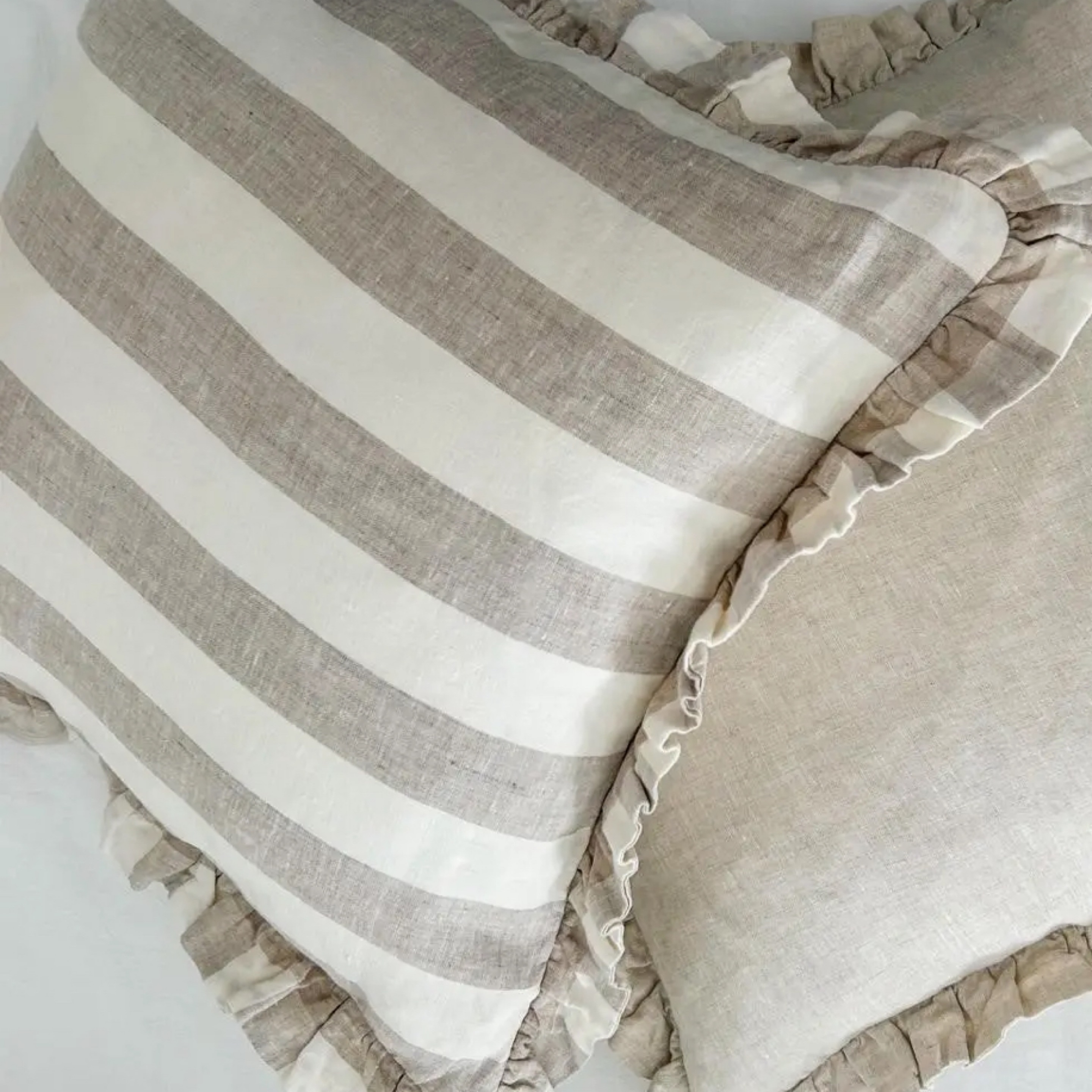 Pure Linen Reversible Ruffle Cushion Cover - Natural Wide Stripe - Natural