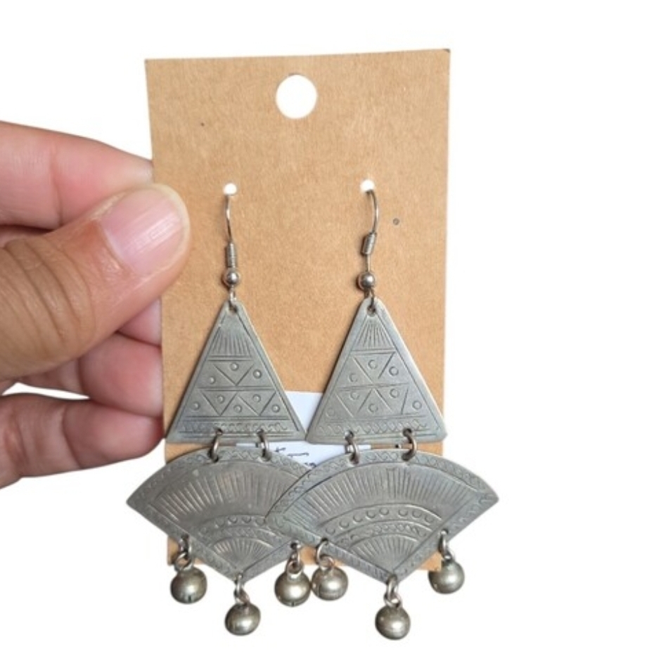 Vintage Handcrafted Silver-Tone Geometric Drop Earrings 3.25"