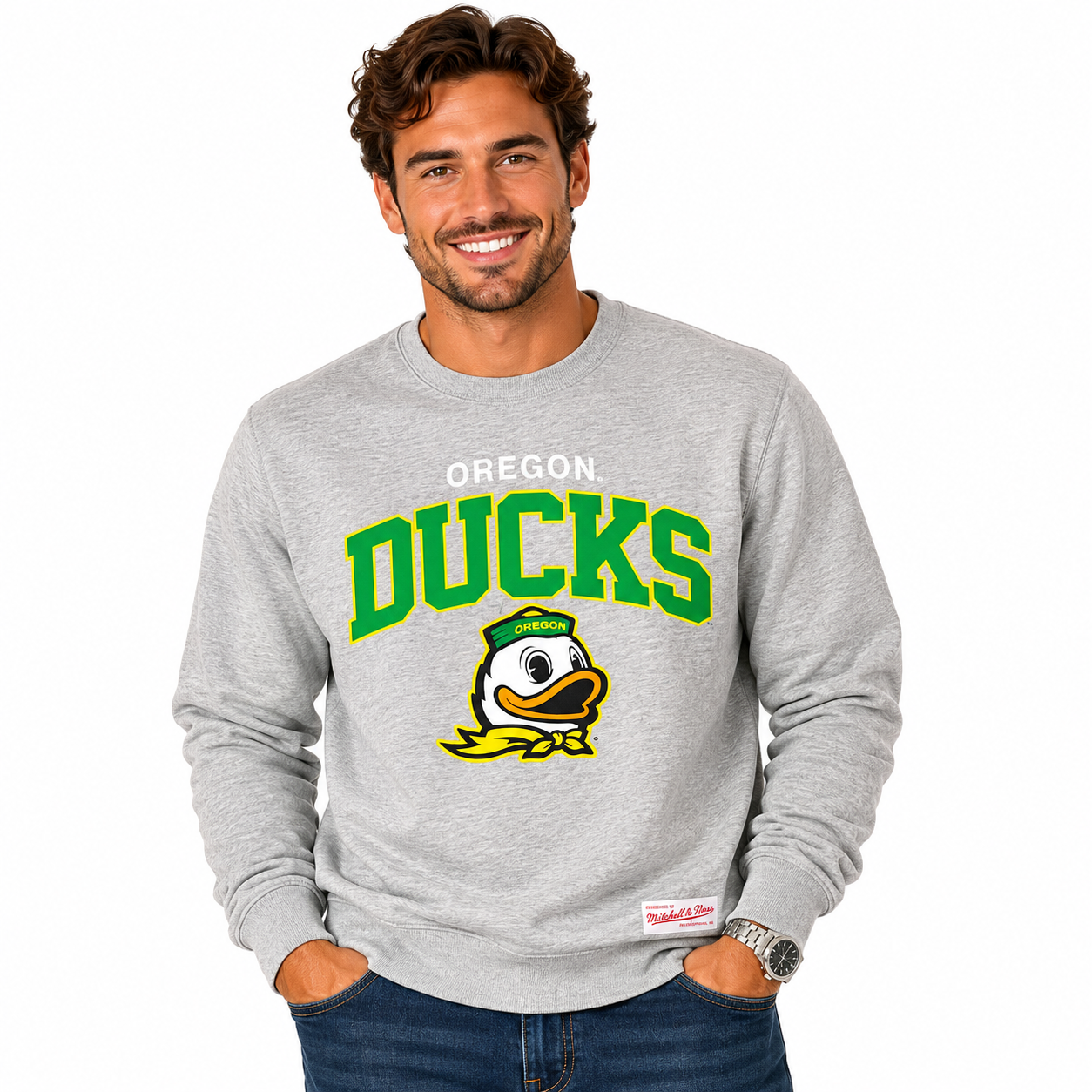 Oregon Ducks Grey Mitchell and Ness Classic Arch Crew Pullover Sweatshirt