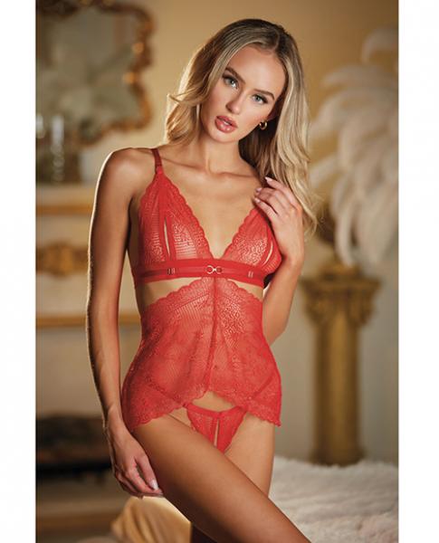 Allure Lace Peek A Boo Chemise & Ouverte G-string Red O/s in Red · M