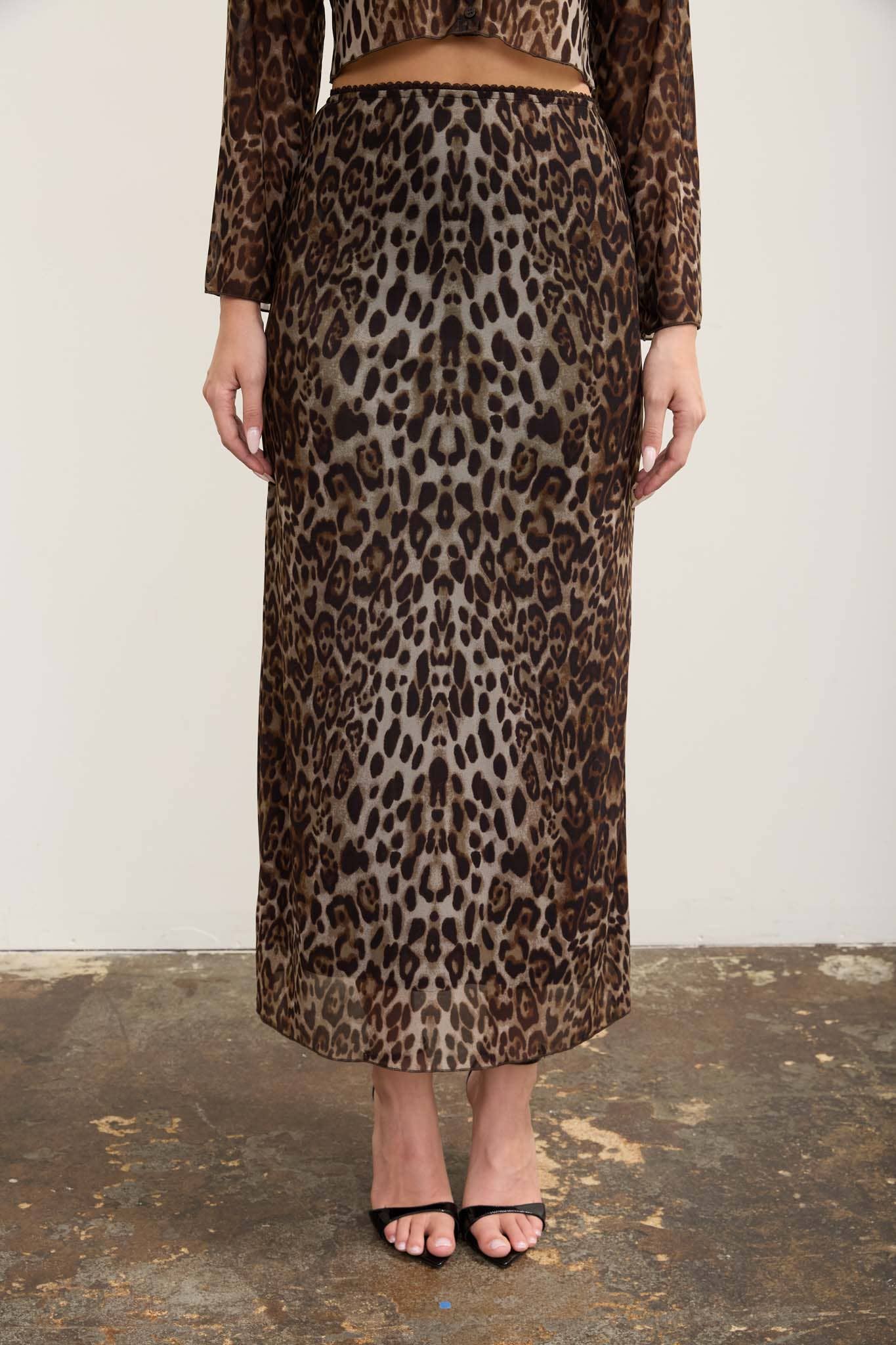 LEOPARD MESH PENCIL MIDI SKIRT