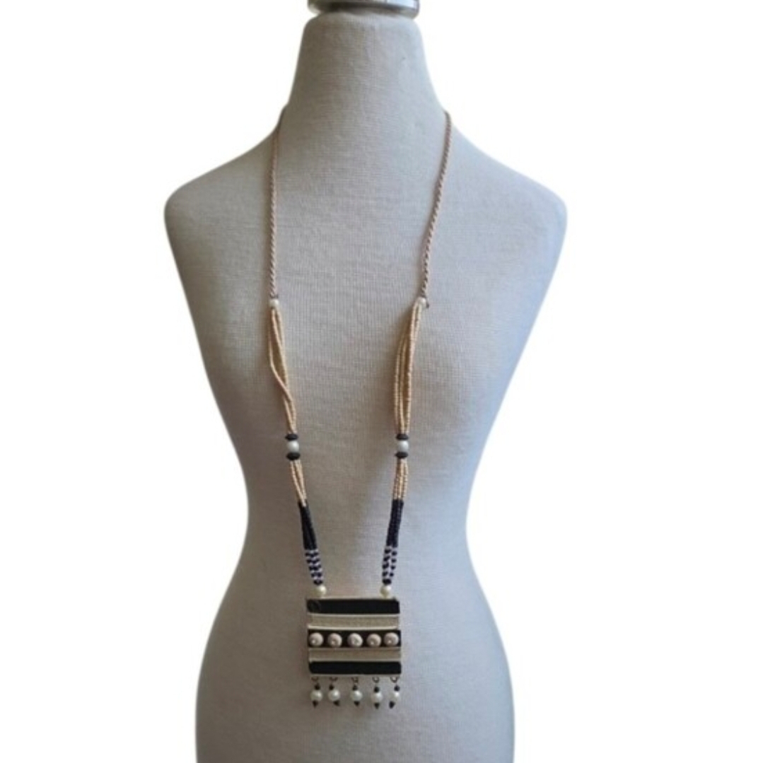 Vintage Jute Handcrafted Black Cream Pearl Crystal Beaded Pendant Necklace