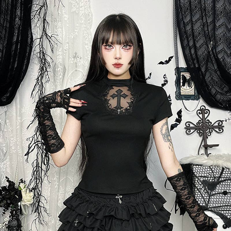 Women Fashion Sexy Gothic Cross Lace T-Shirt