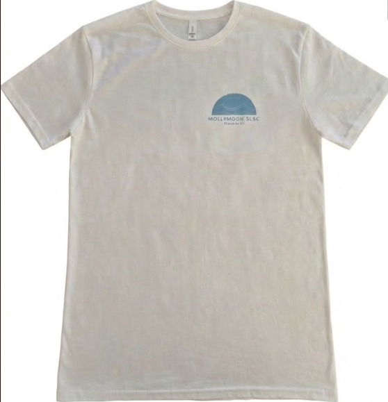Front of the white Mollymook Ocean Swim short-sleeve T-shirt with a small aqua chest graphic.