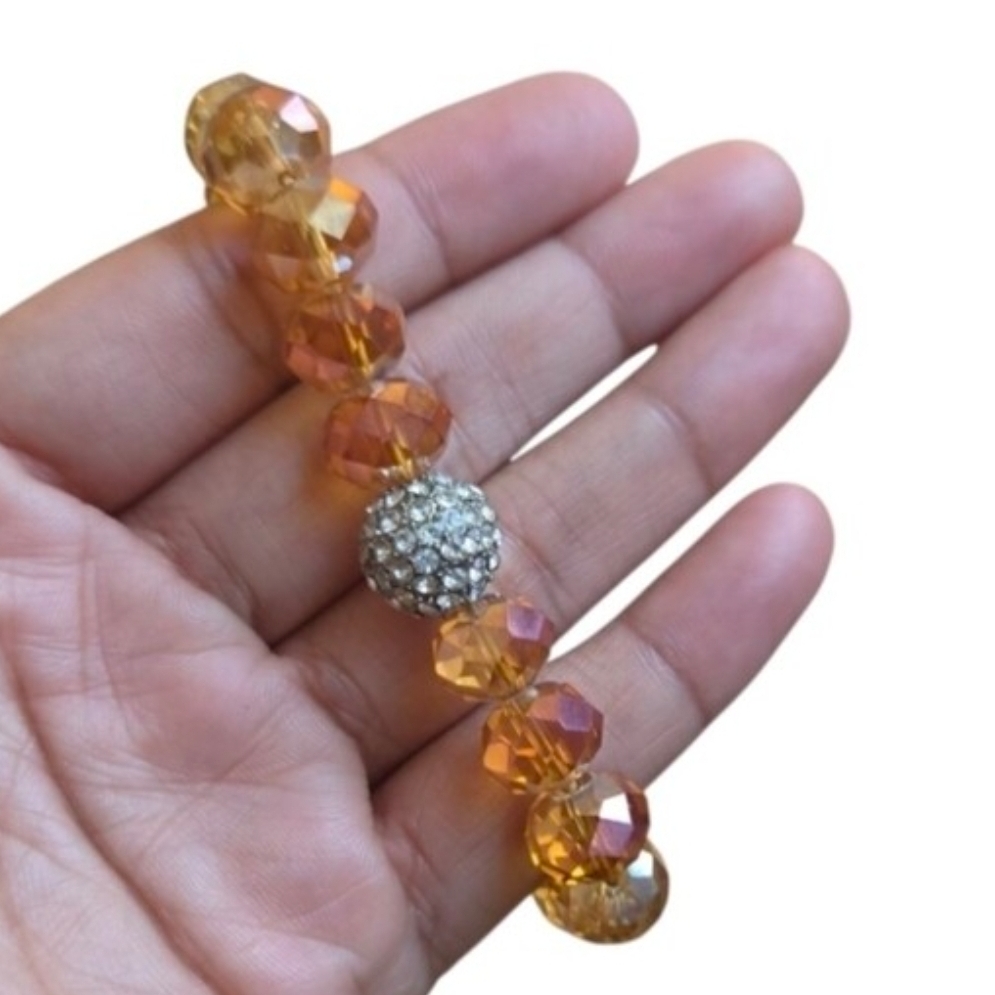 Silver Toned Amber Crystal Stretch Bracelet with Pave Accent