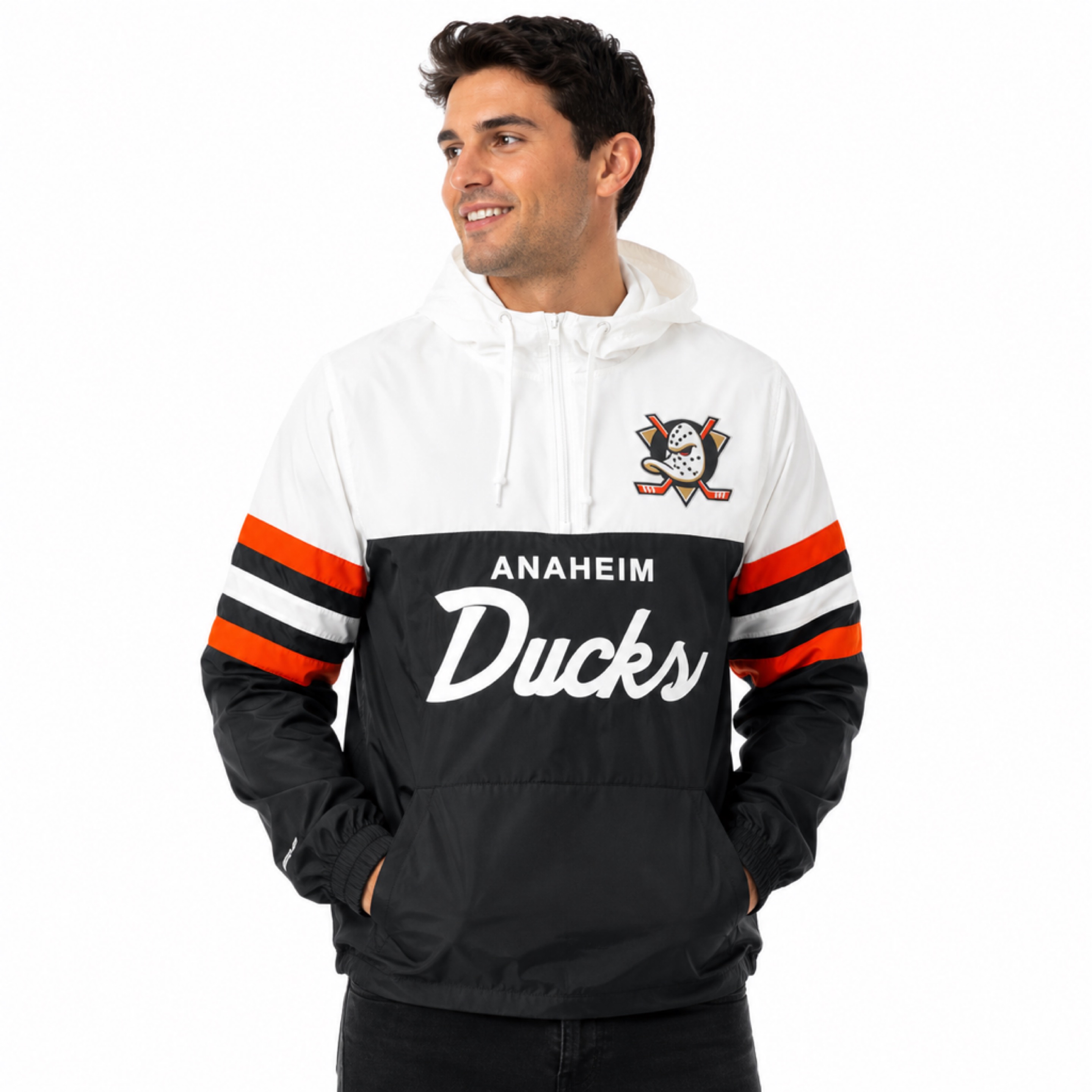 Anaheim Ducks Andrak Mitchell and Ness Hooded Windbreaker Jacket