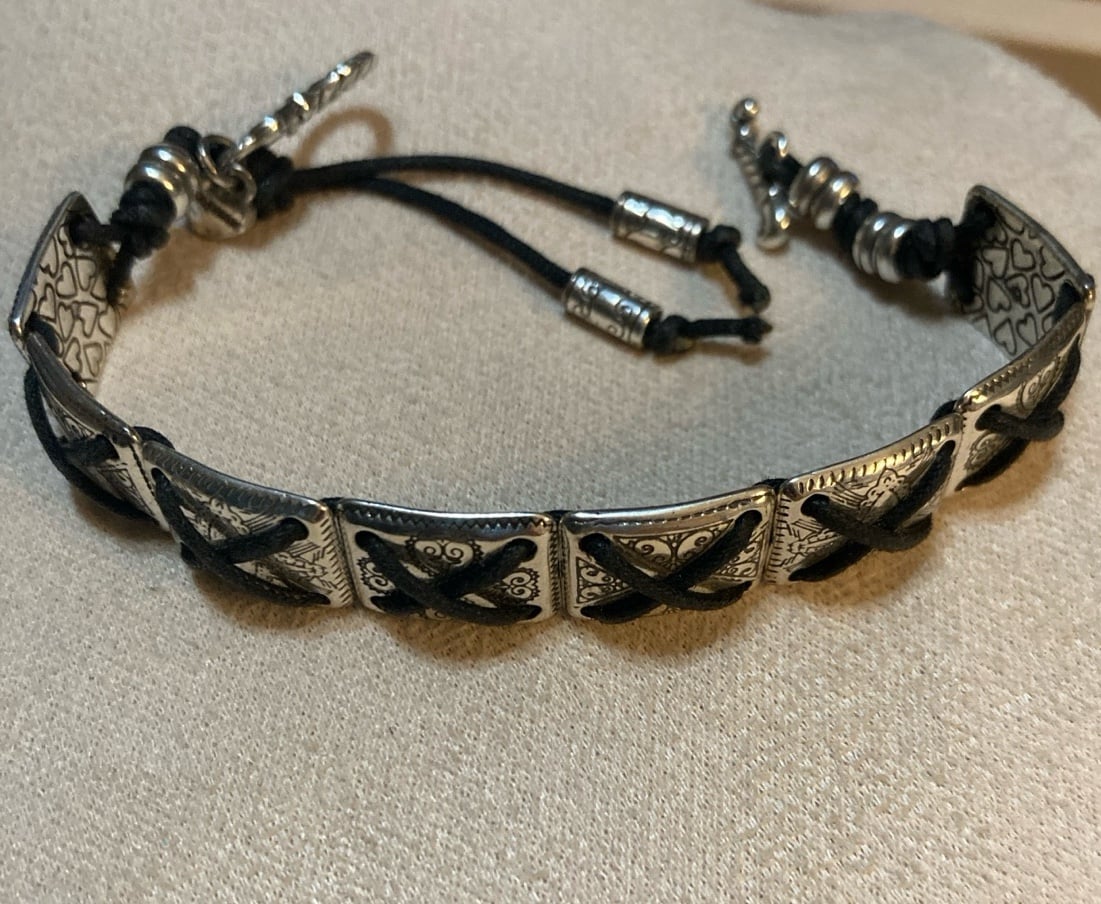 Silver Plated BRIGHTON Panel Link & Black Cord Toggle 6.5" Bracelet