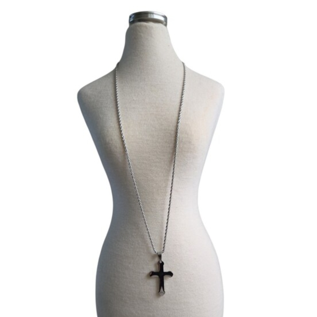 Vintage Long Silver Toned Stainless Steel Chain Necklace Cross Pendant 27"