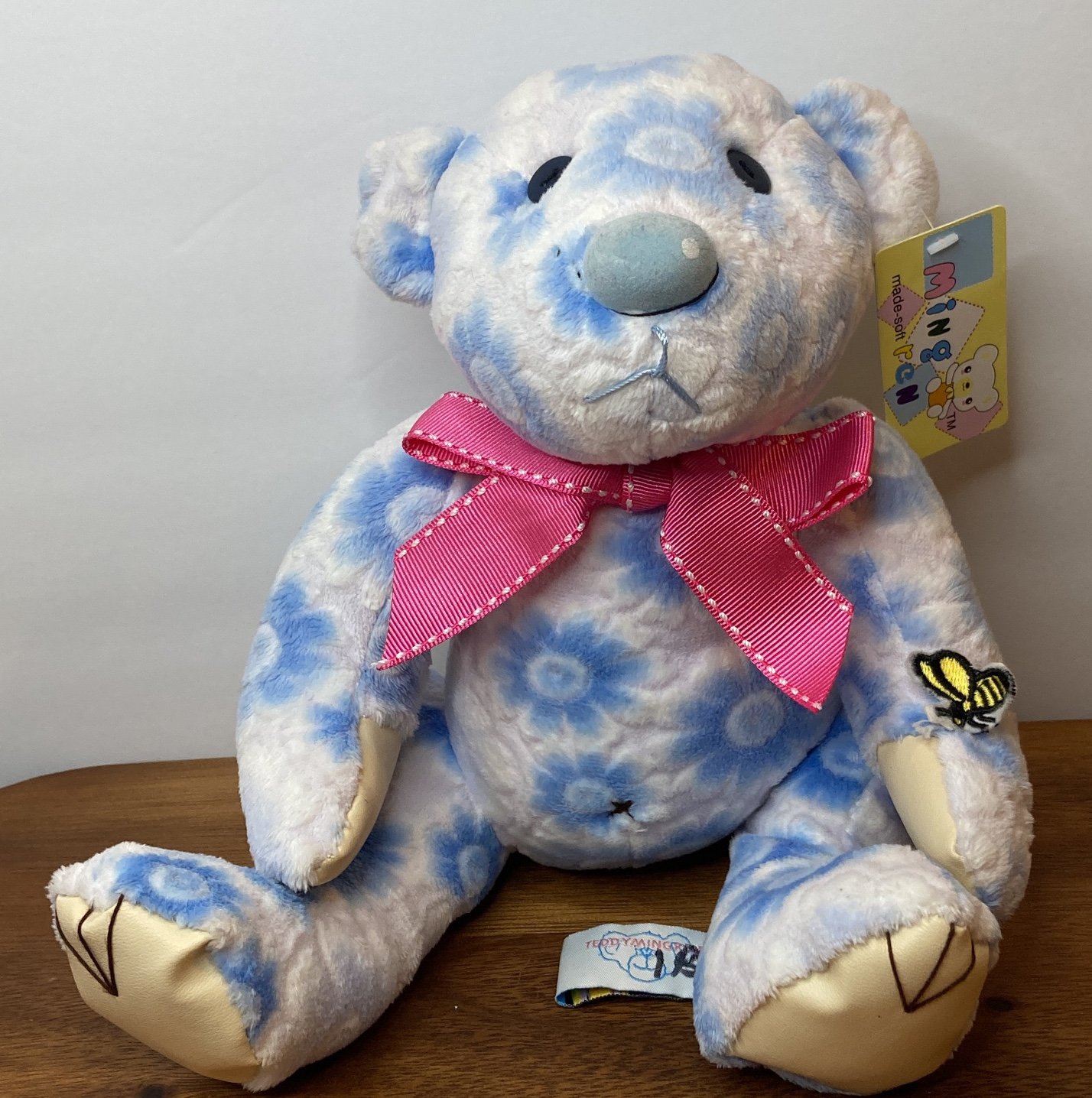 Ming Ren Teddy Bear Stuffed Animal Plush Blue & White Flower Bee. Button Eyes