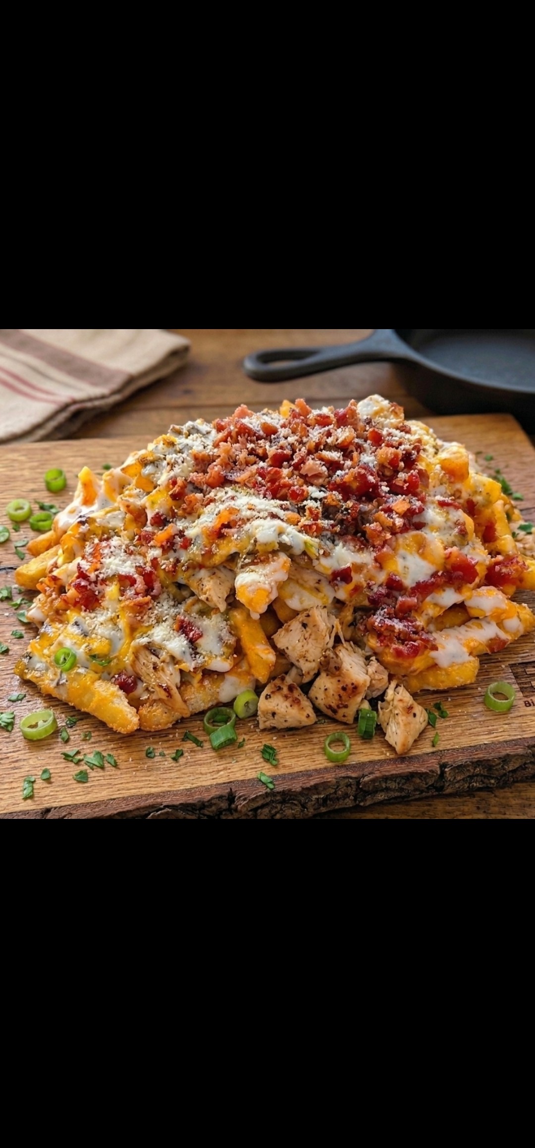 LOADED CHICKEN/BACON FRIES WITH MELTED CHEESE & RANCH.