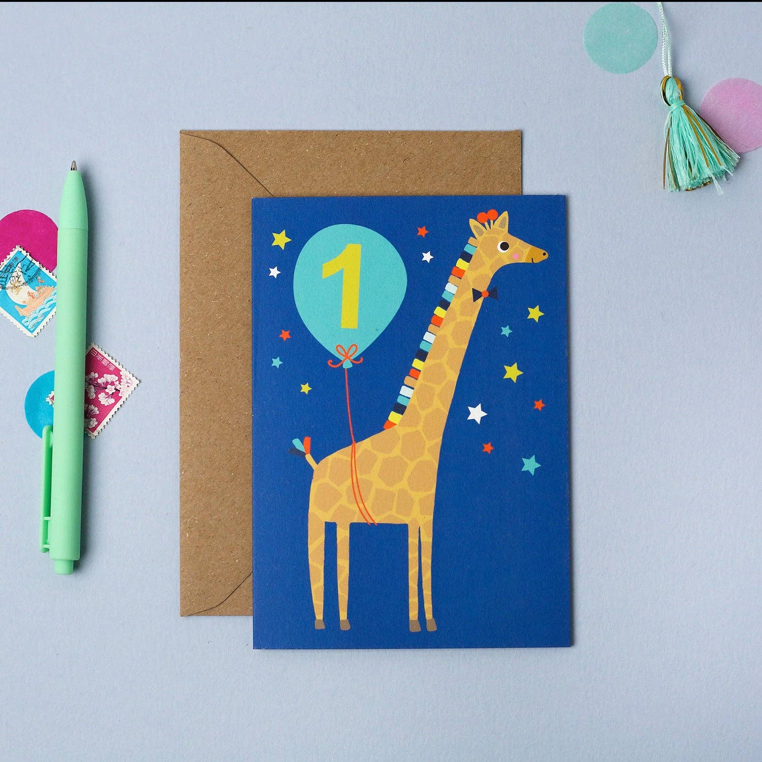 Joyful Giraffe 1st Birthday Card | Blue Animal Theme Fun