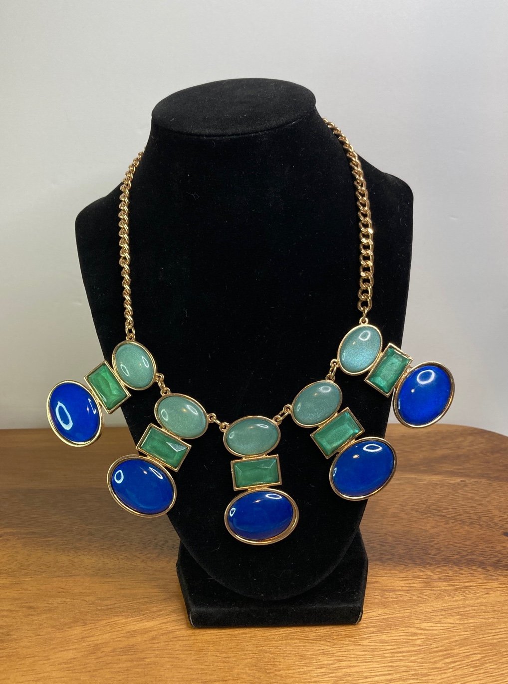 MIKA Royal Blue Emerald Green Colored Statement Piece Gold tone Necklace
