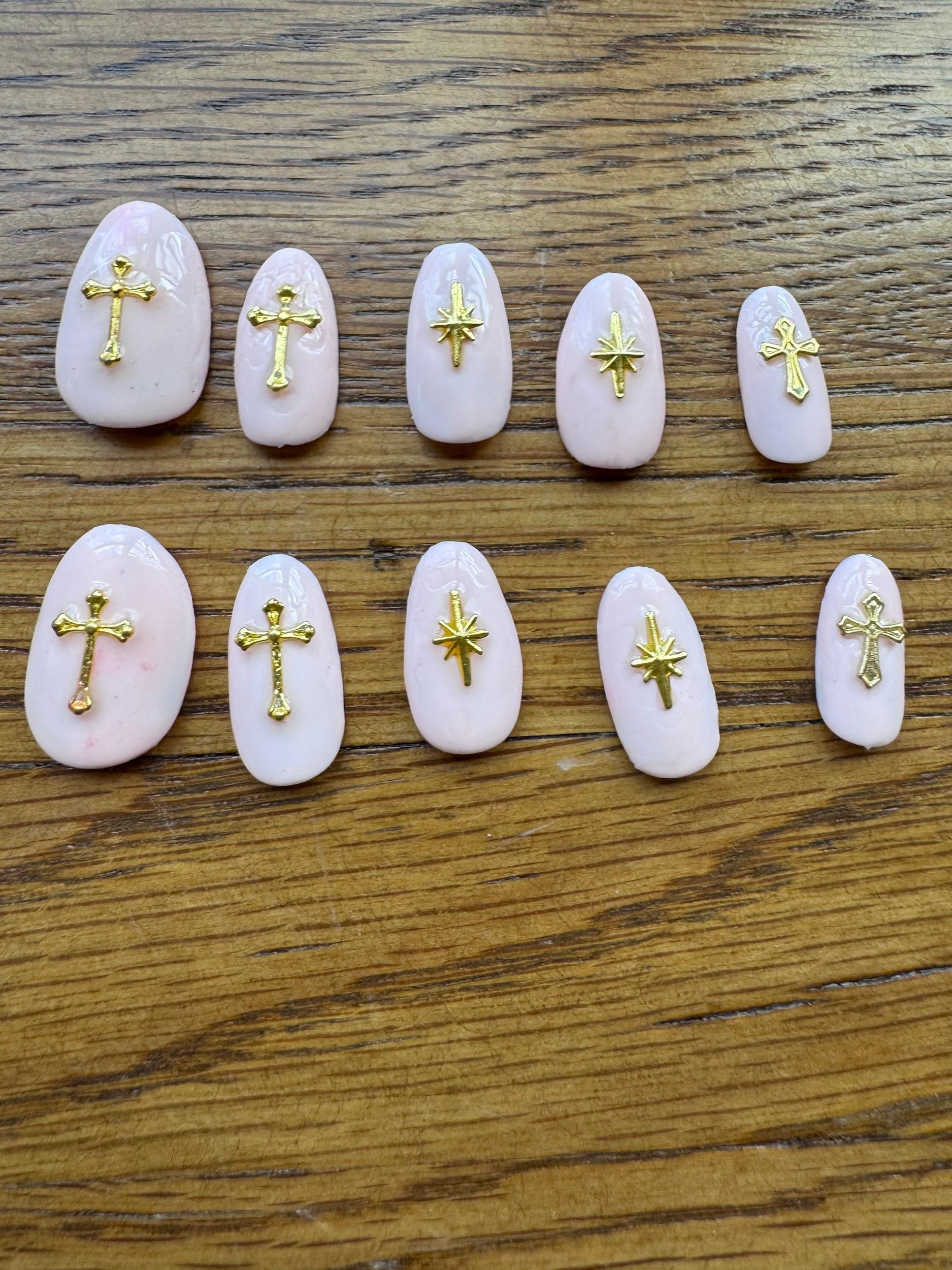 Gold N Pink Cross hand-painted nail set