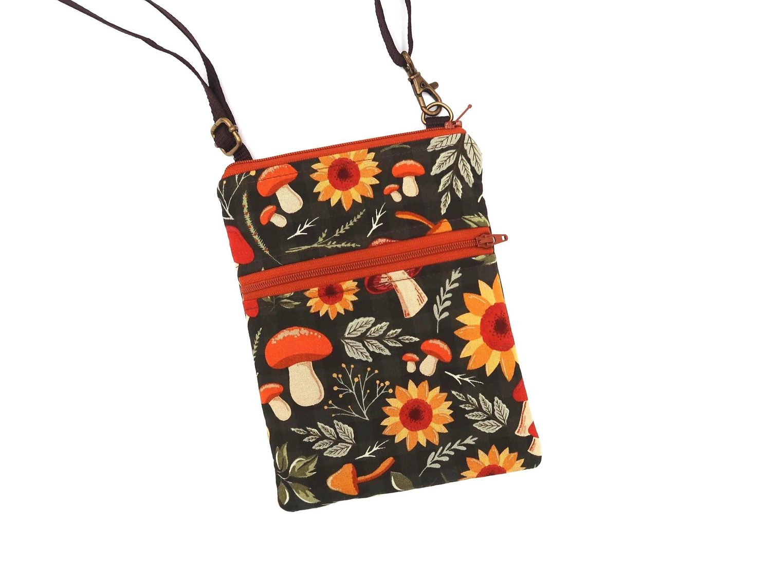 Small Crossbody Bag – Autumn Mushrooms & Sunflowers – handmade crossbody bag
