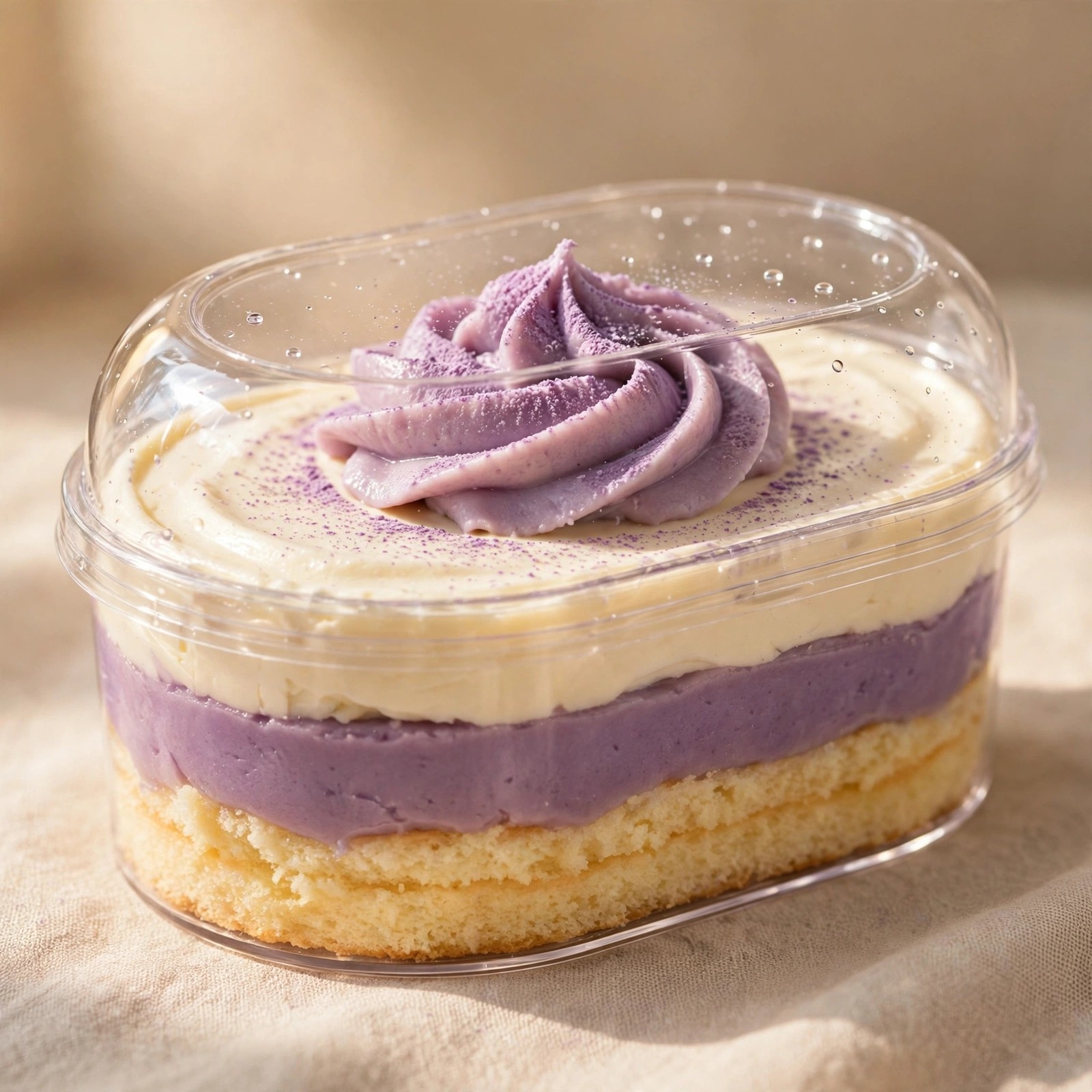 Taro box cake in a clear lunchbox, HoneyMe Bakery Bellevue