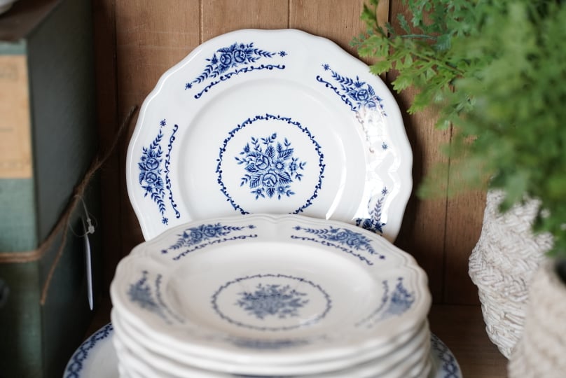 Ironstone Plate 8" Blue Peony Floral