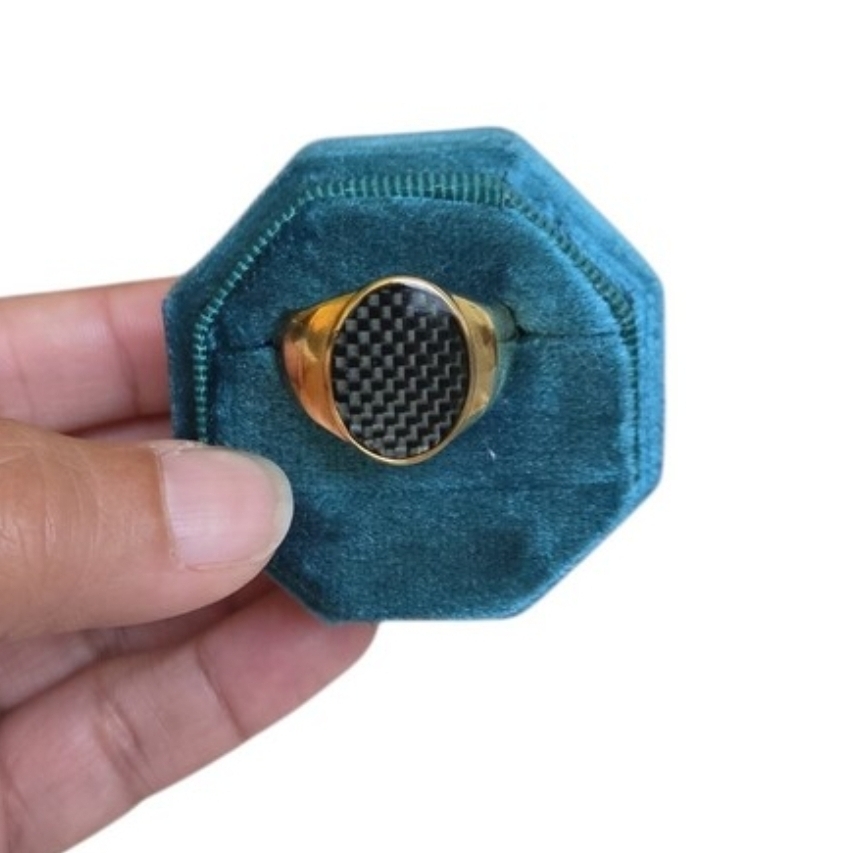Size 10 Gold-Tone Black Carbon Fiber Accent Signet Ring