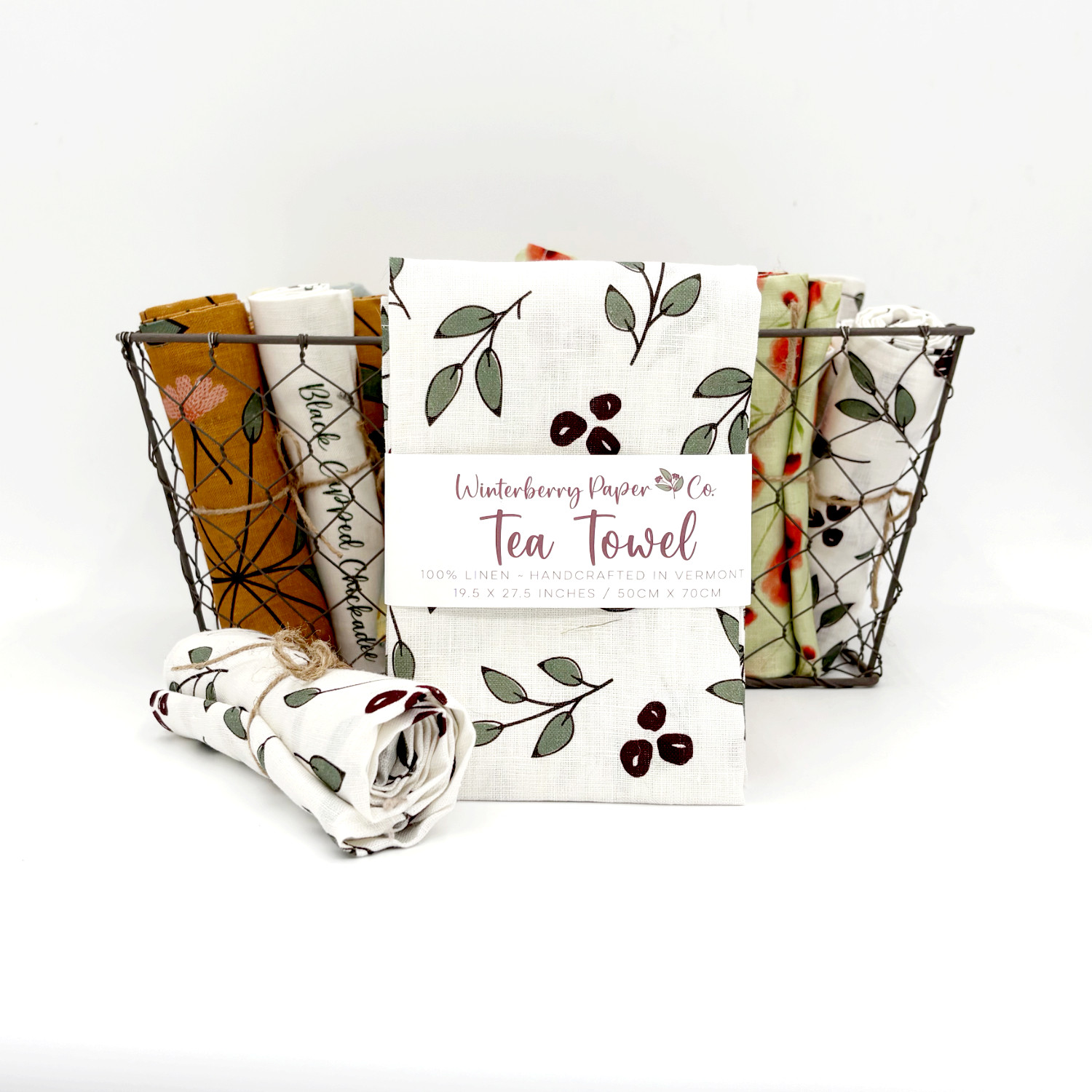 100% Linen Tea Towel ~ Christmas Leaves (Red)