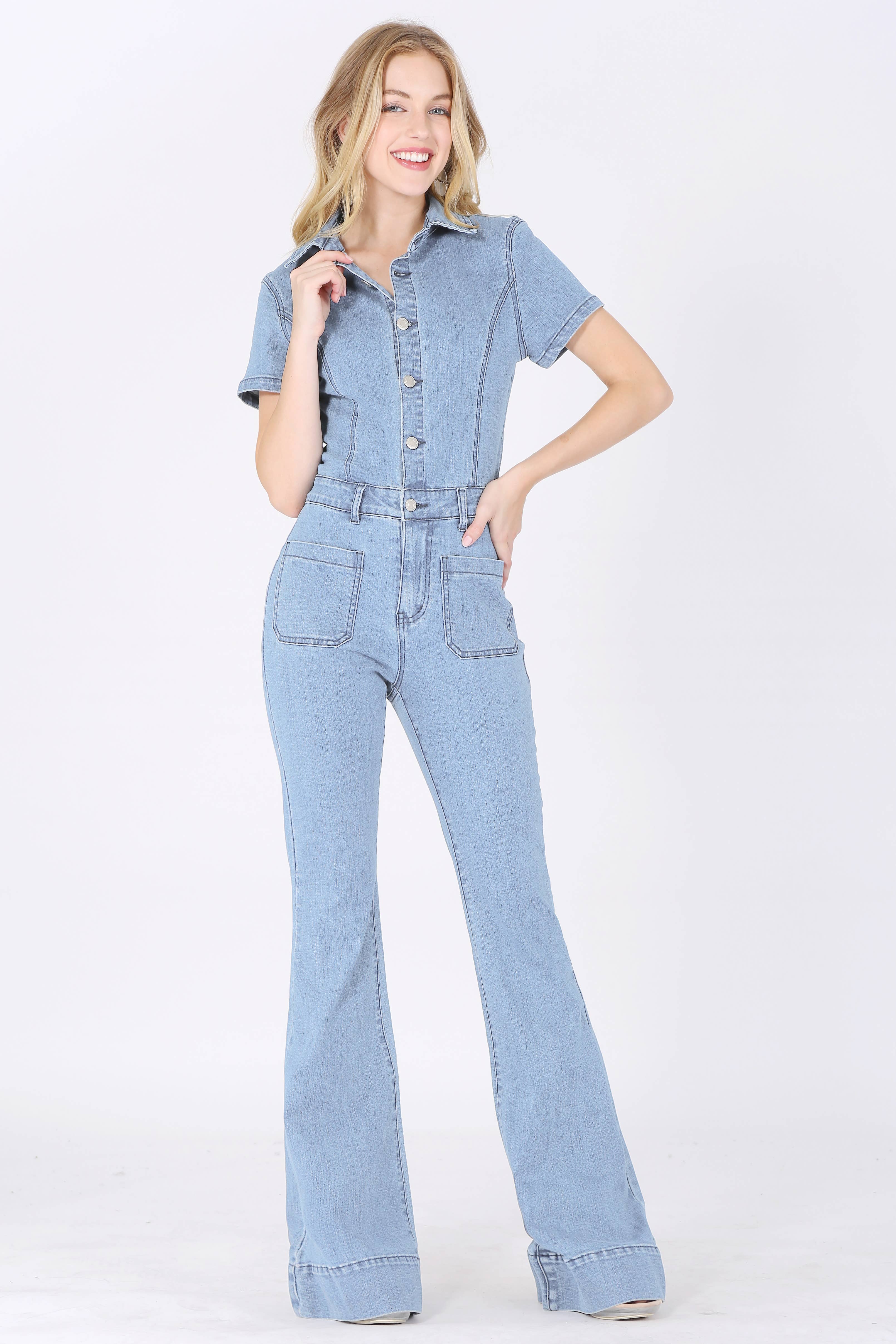 SS23 PREORDER BELLBOTTOM DENIM JUMPSUIT - W4330RIA: L, DARK DENIM