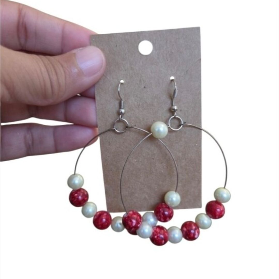 Vintage Silver Toned Handmade Red and Cream Beaded Hoop Earrings 3"