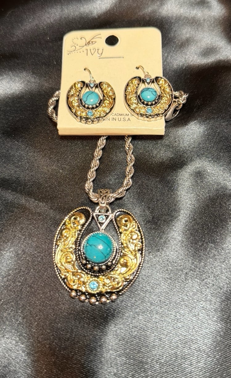 Turquoise Horseshoe Pendant Necklace and Earrings Set
