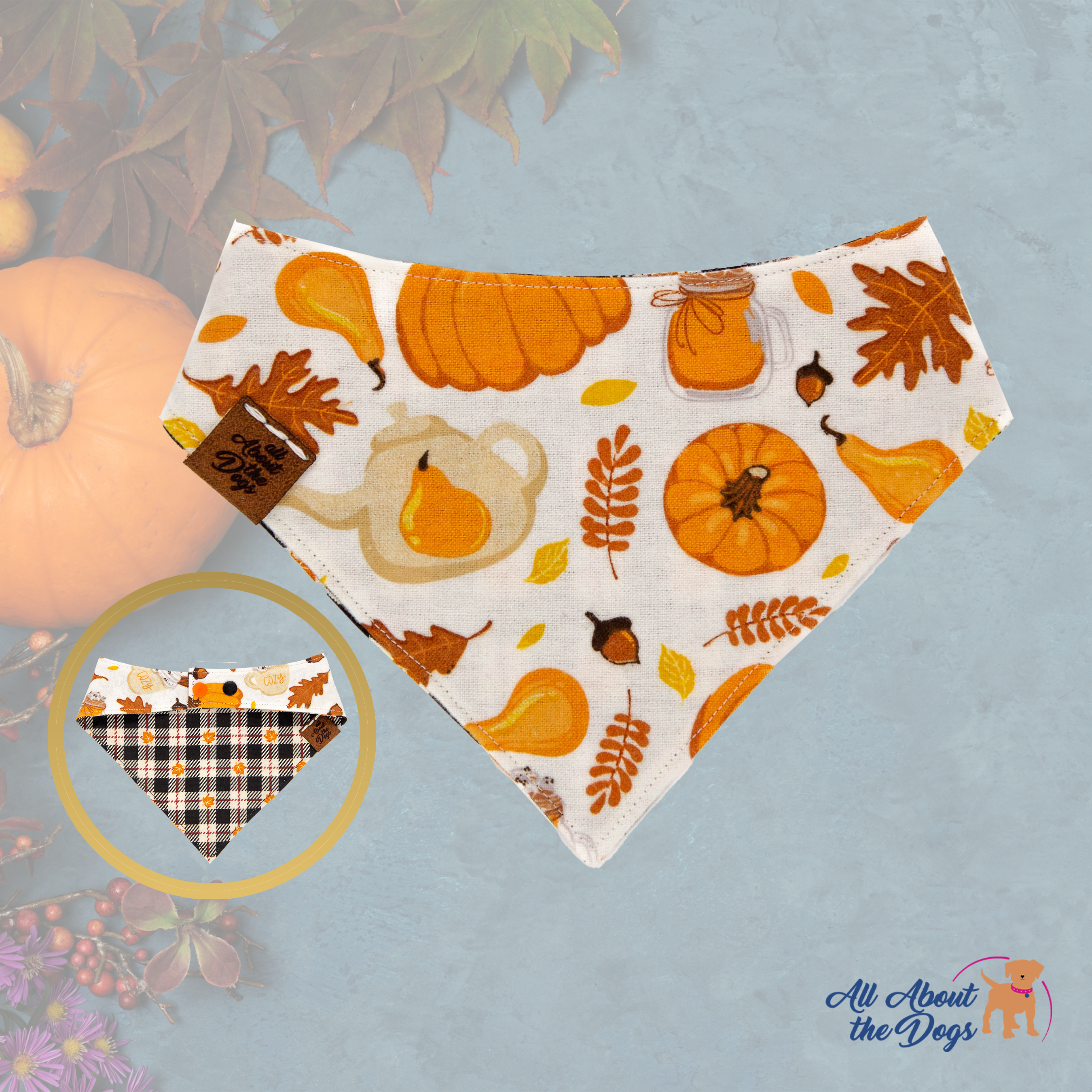 Black and White Check with Orange Leaves on Pumpkin Sweater Flannel 2