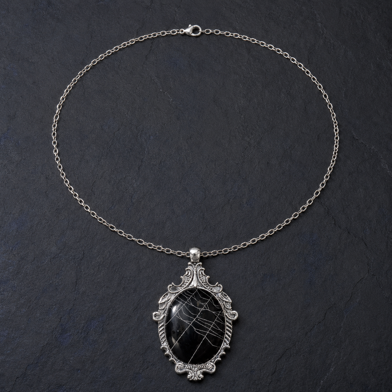 Real Spiderweb Large Filigree Cabochon Antique Silver