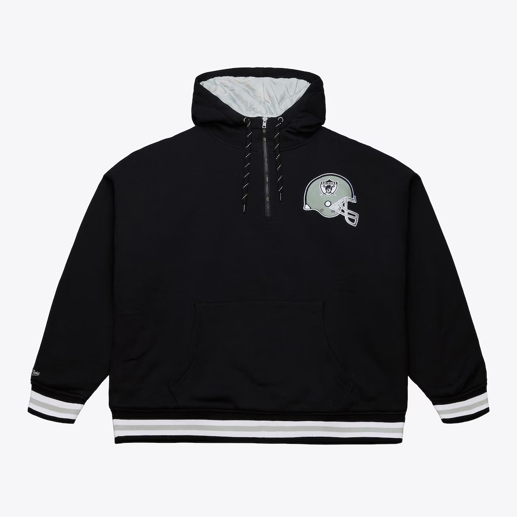 Oakland Raiders Gridiron Classic Mitchell and Ness 1/4 Zip Quilted Hooded Sweatshirt