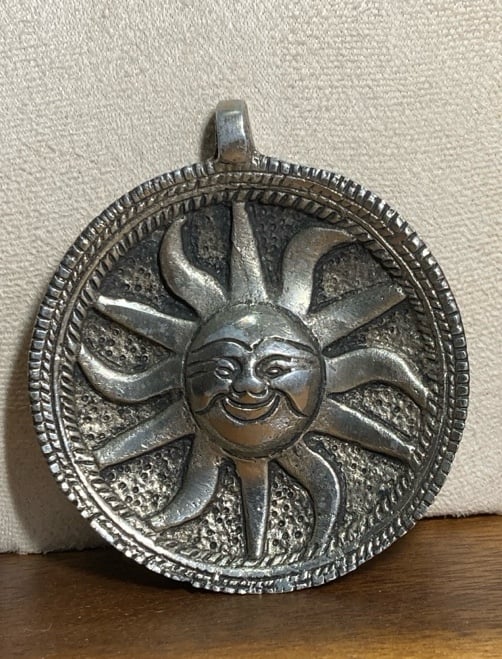 Large Silver tone Sun Pendant Aztec Sun