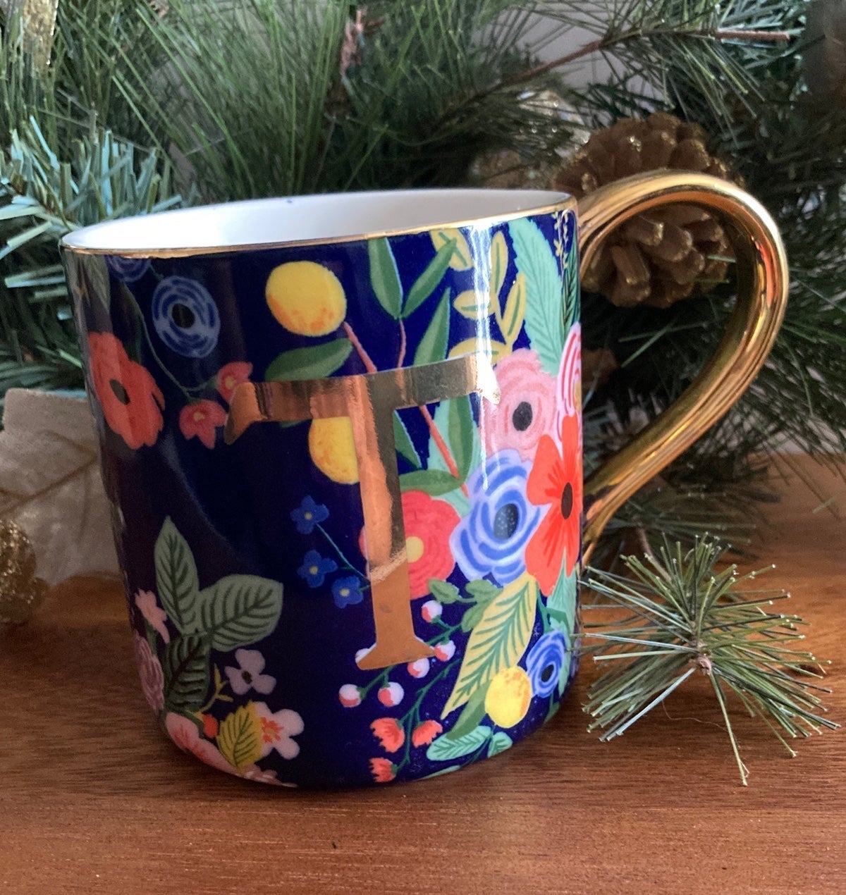 Anthropologie Rifle Paper Co Floral Monogram "T" Initial Garden Party Mug