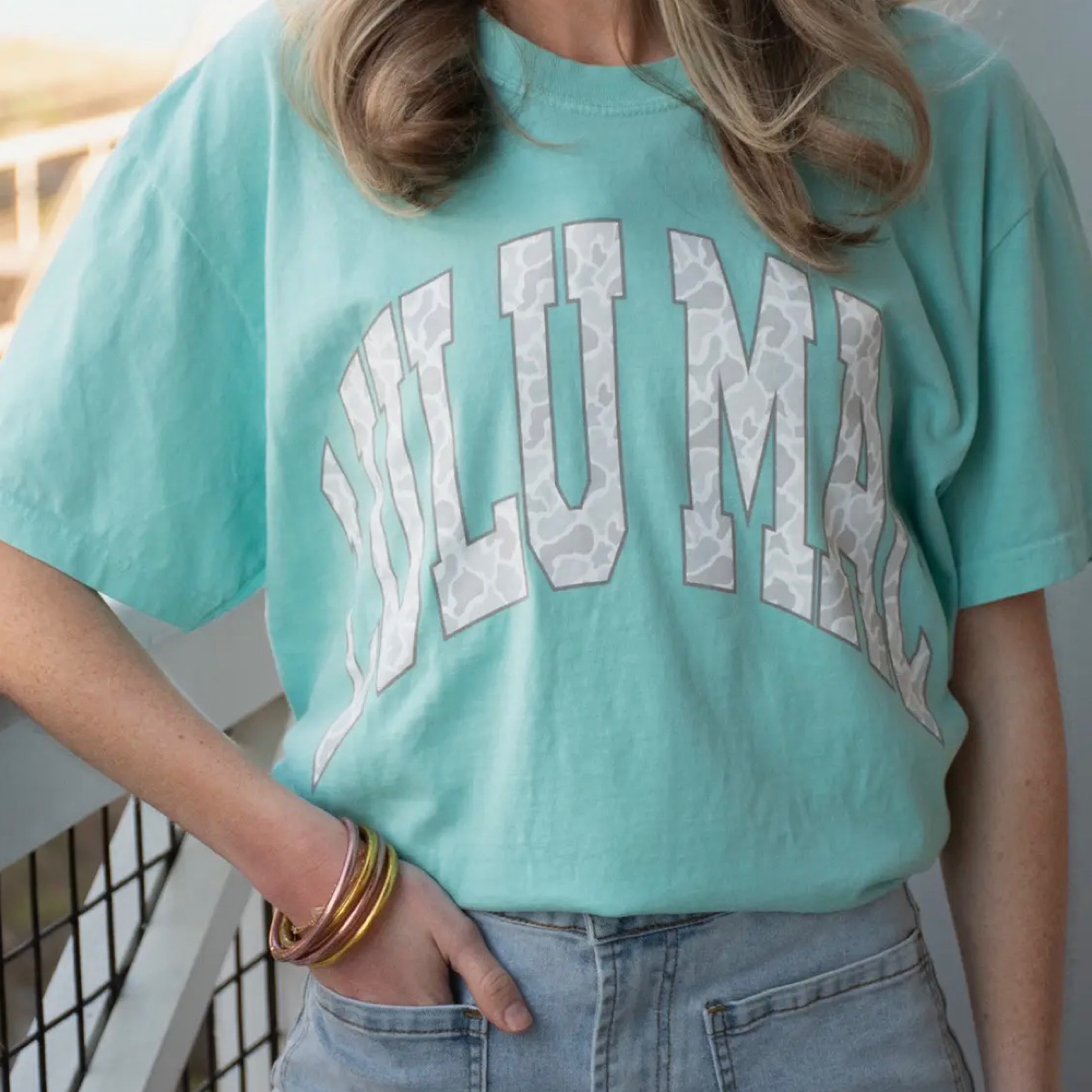 LuluMac t shirt camo/mint — Bama Tan boutique, Tuscaloosa AL