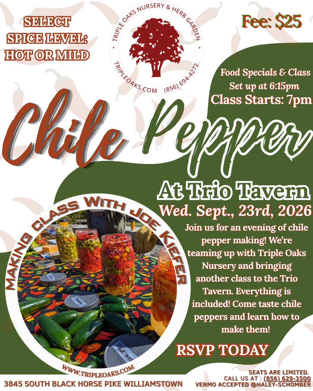 2026 Class : Chile Pepper Making Class Wednesday September 23rd, 2026 at 7PM at Trio Tavern
