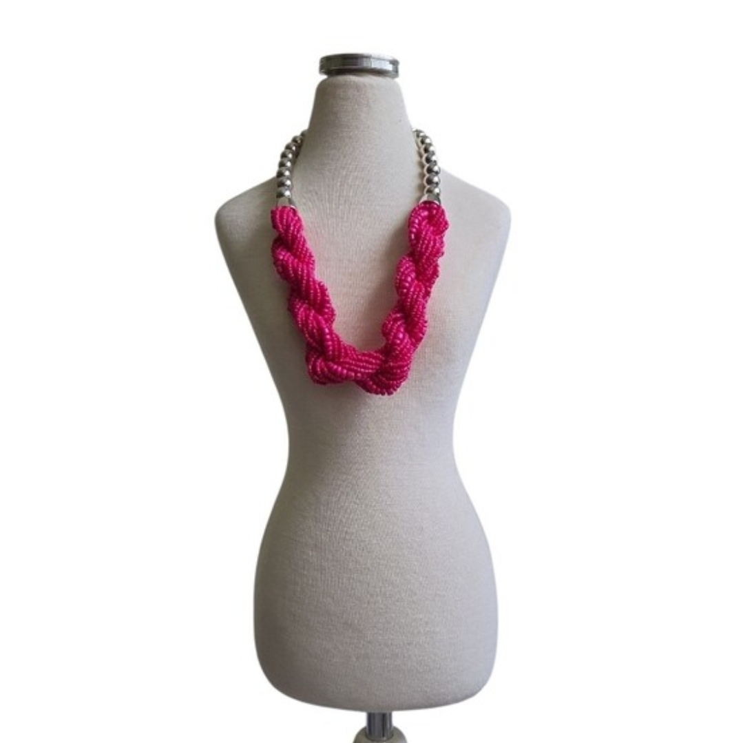 Silver Toned Beaded Dark Pink Braided Bib Necklace