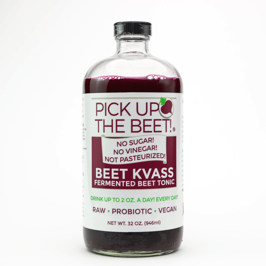 Bottle of Pick Up The Beet fermented beet kvass, raw, probiotic and vegan